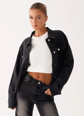 Back Again Oversized Denim Jacket - Charcoal Wash suitable for graduations