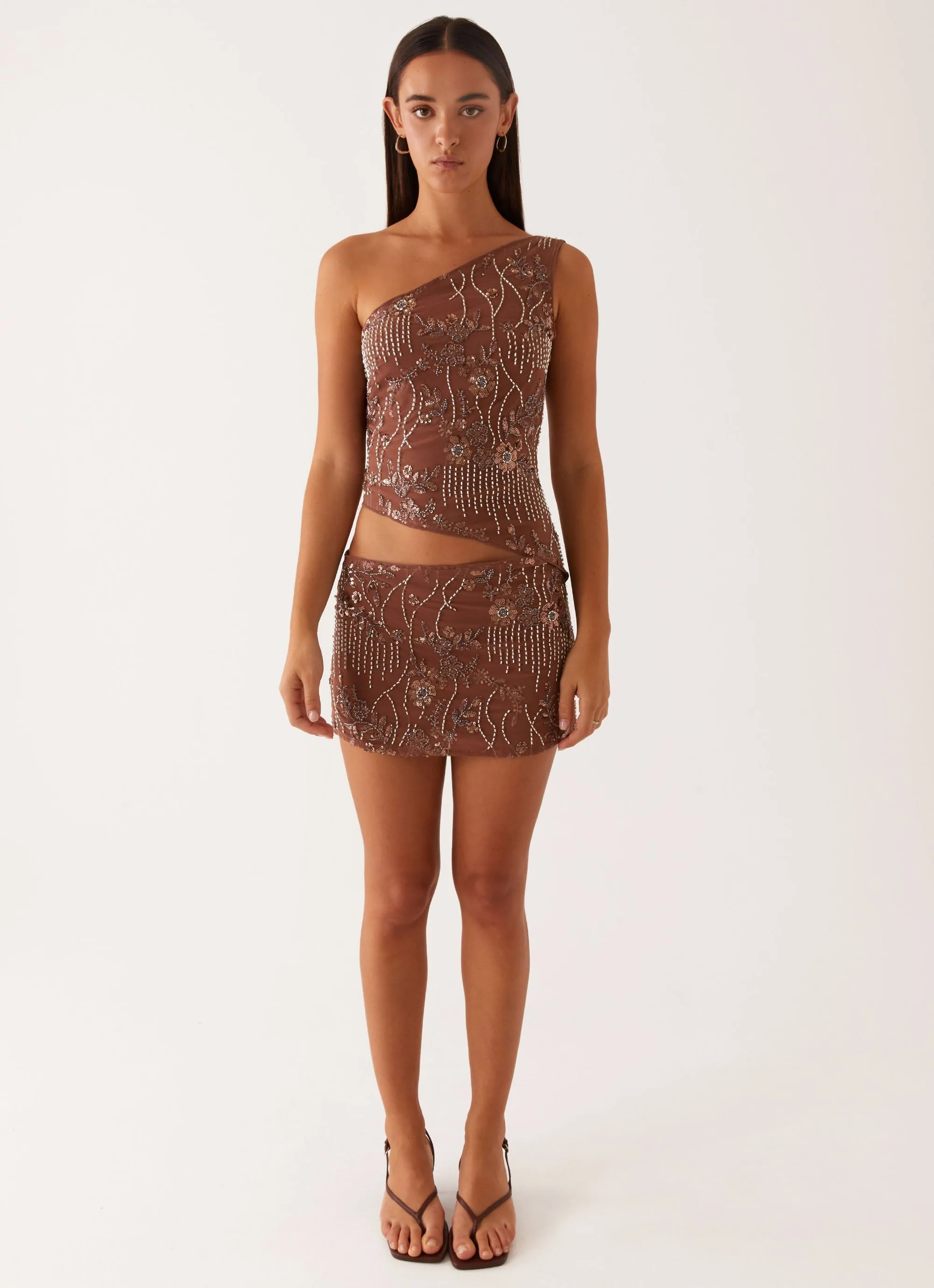 Through The Night One Shoulder Mini Dress - Chocolate Aesthetic Fit