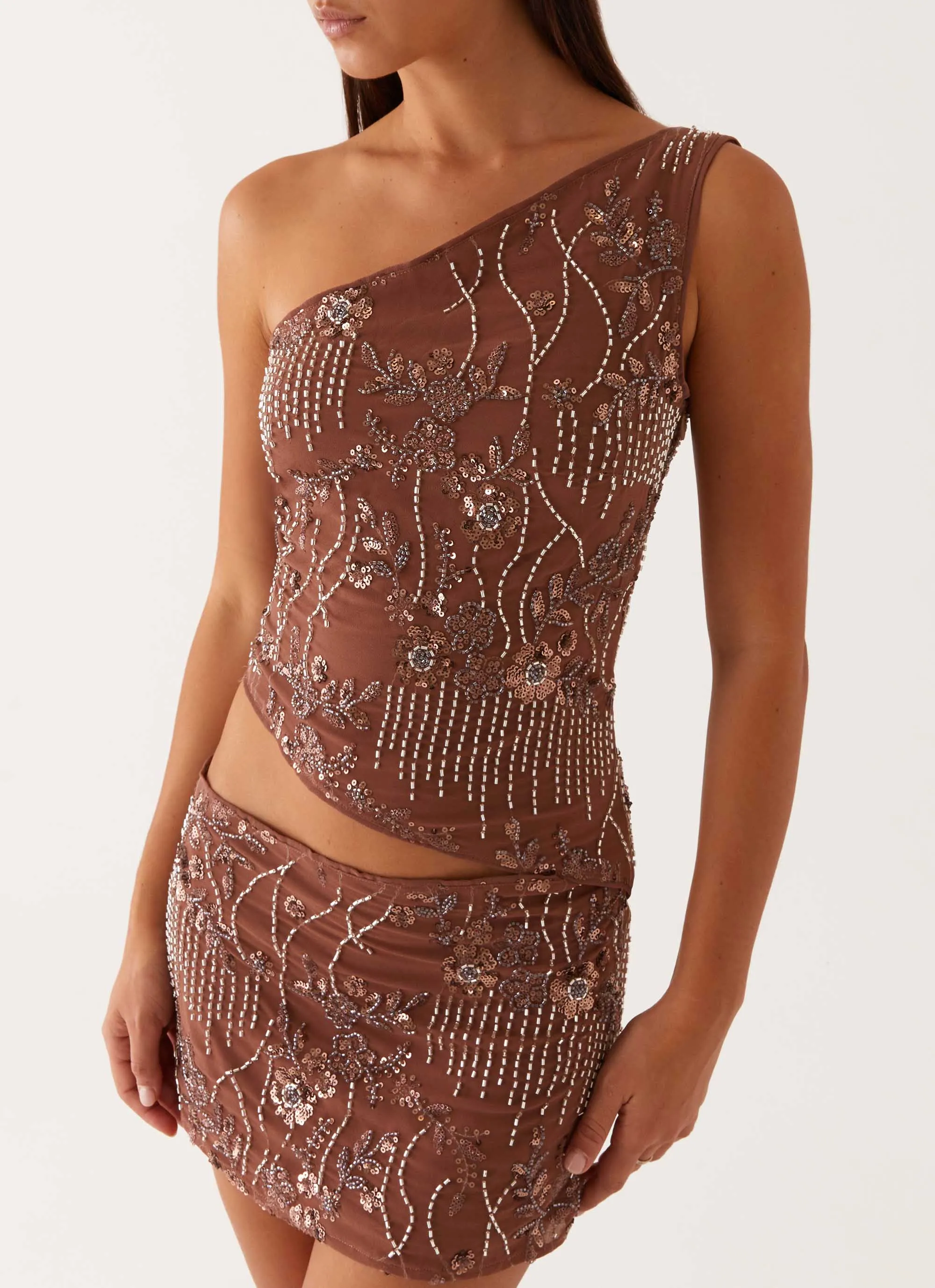 Weighted Hem Ultra Comfort Through The Night One Shoulder Mini Dress - Chocolate