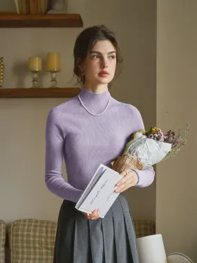 Erin 100% Wool Simple Mock Neck Slim Fit Sweater - Purple Stretch Knit Material