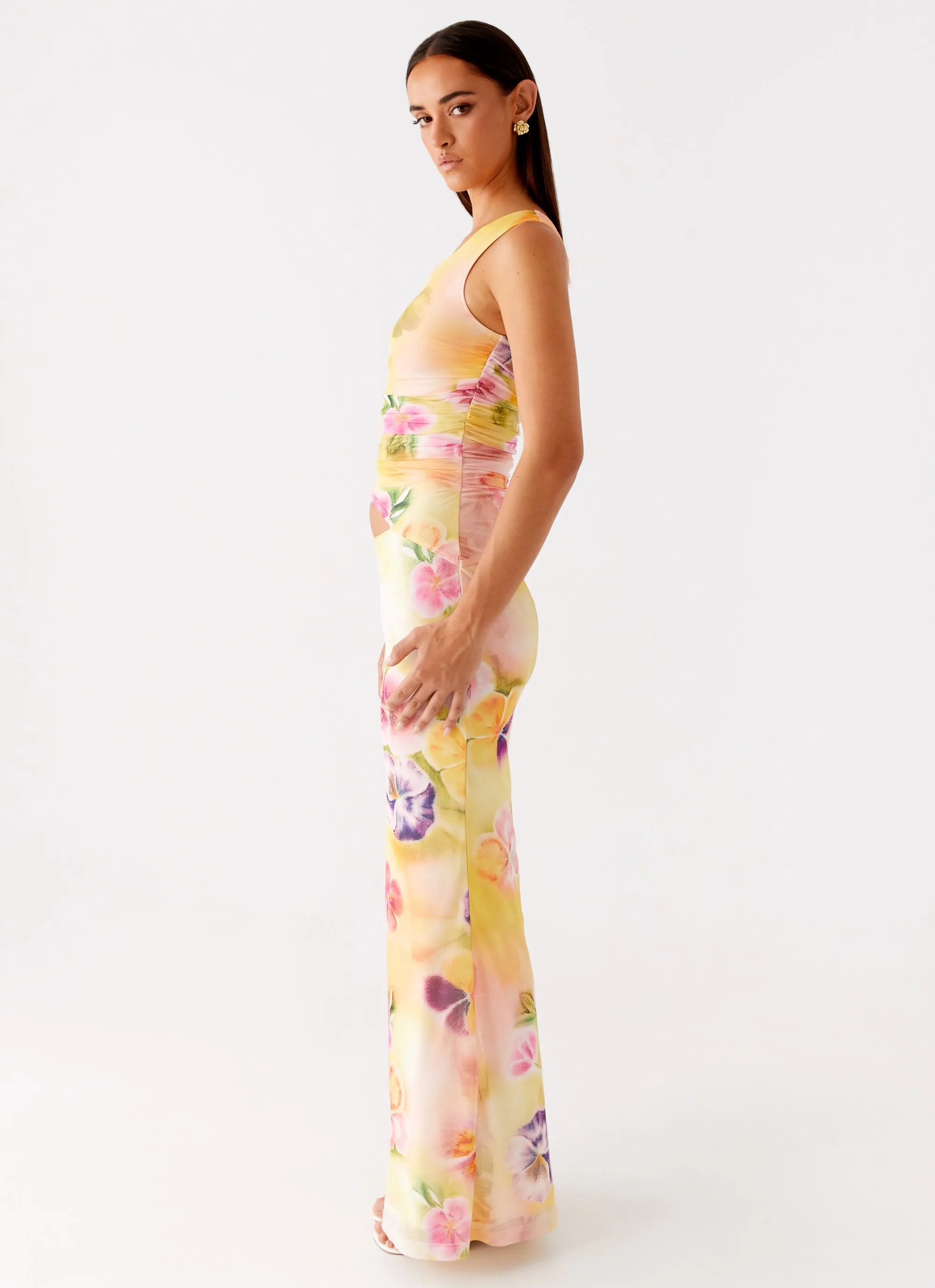 Seranella One Shoulder Maxi Dress - Sunburst Floral Cotton-Blend Back Glow