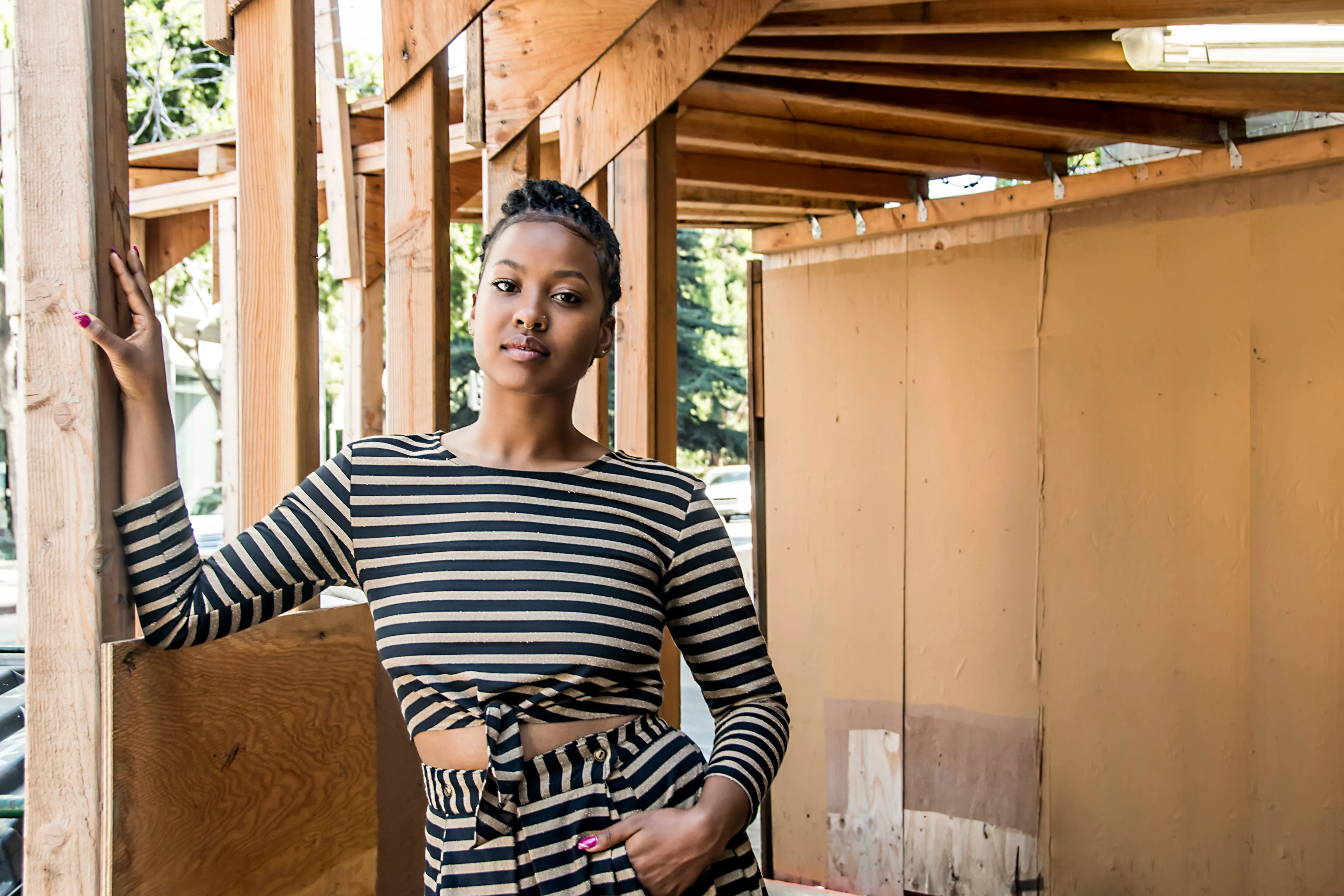 Tie Top in Black Stripe Multi Panel Construction