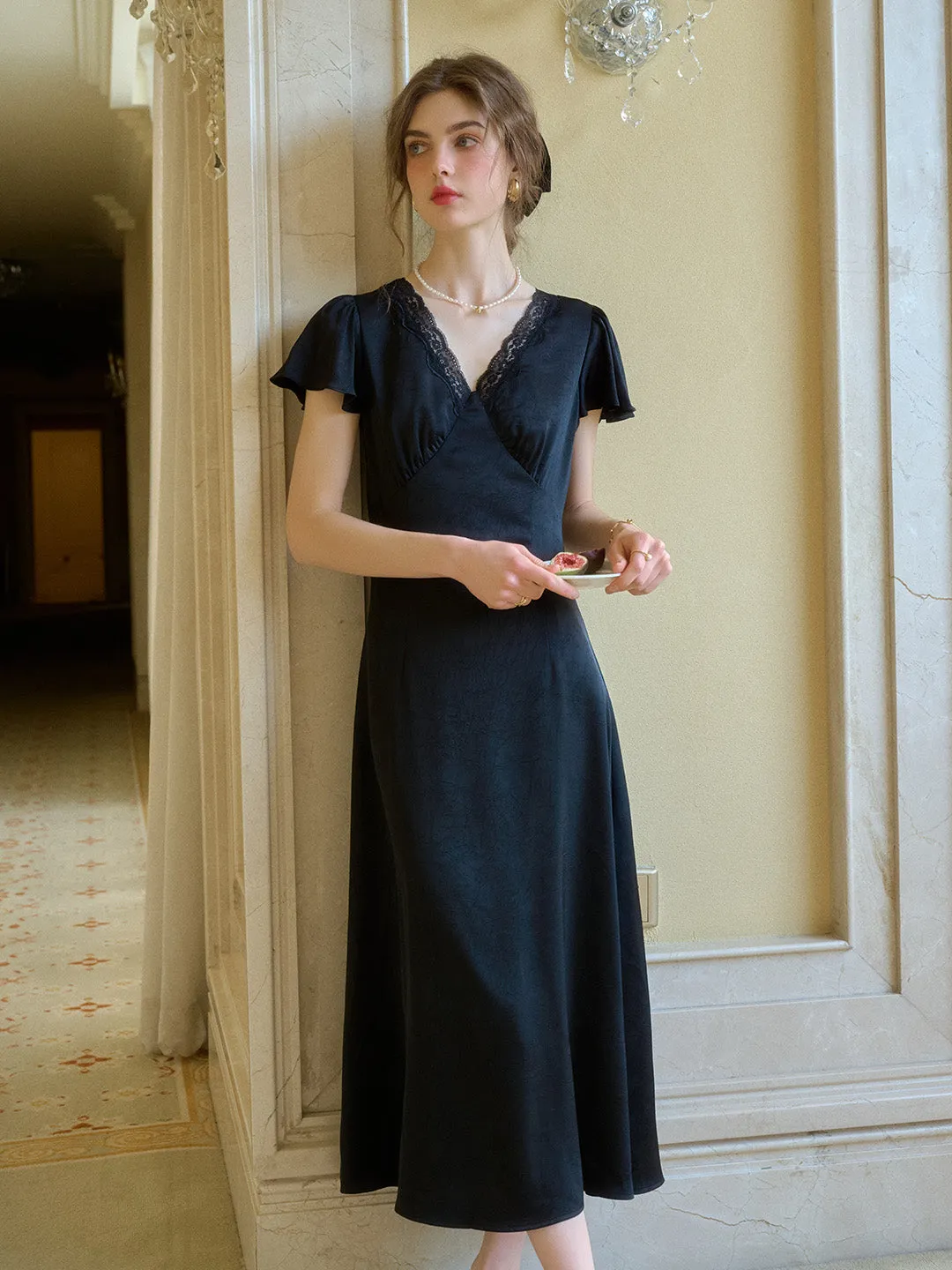 Noa V-Neck Lace Dress - Black garden wedding Soft Presence