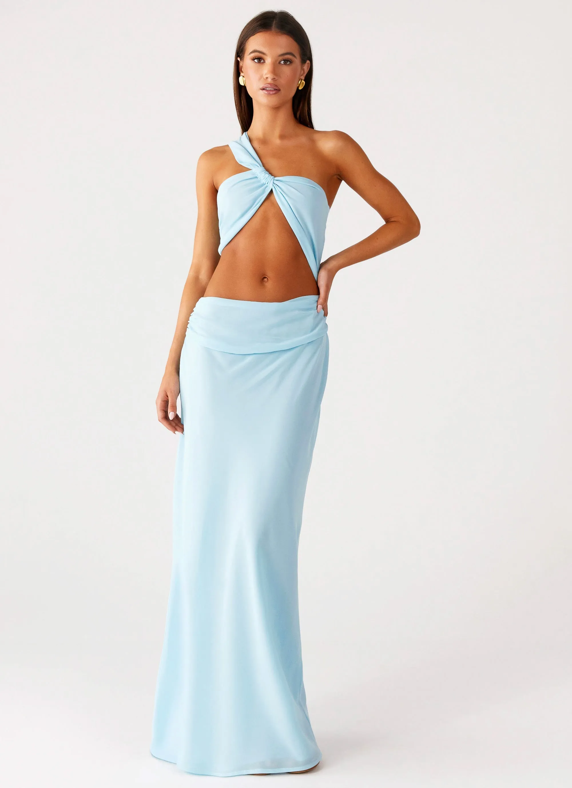 Boat-Neck Travel Ready Cindelle One Shoulder Maxi Dress - Turquoise