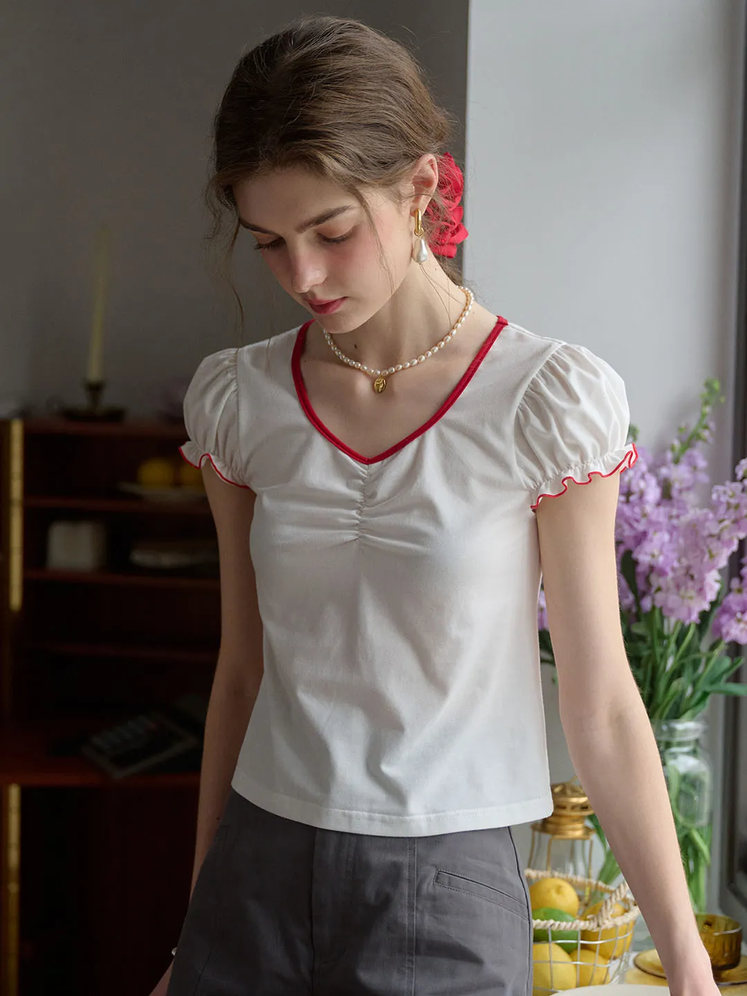 ??Final Sale??Julieta Contrast Color Round Neck Puff Sleeve T-shirt Timeless Cut