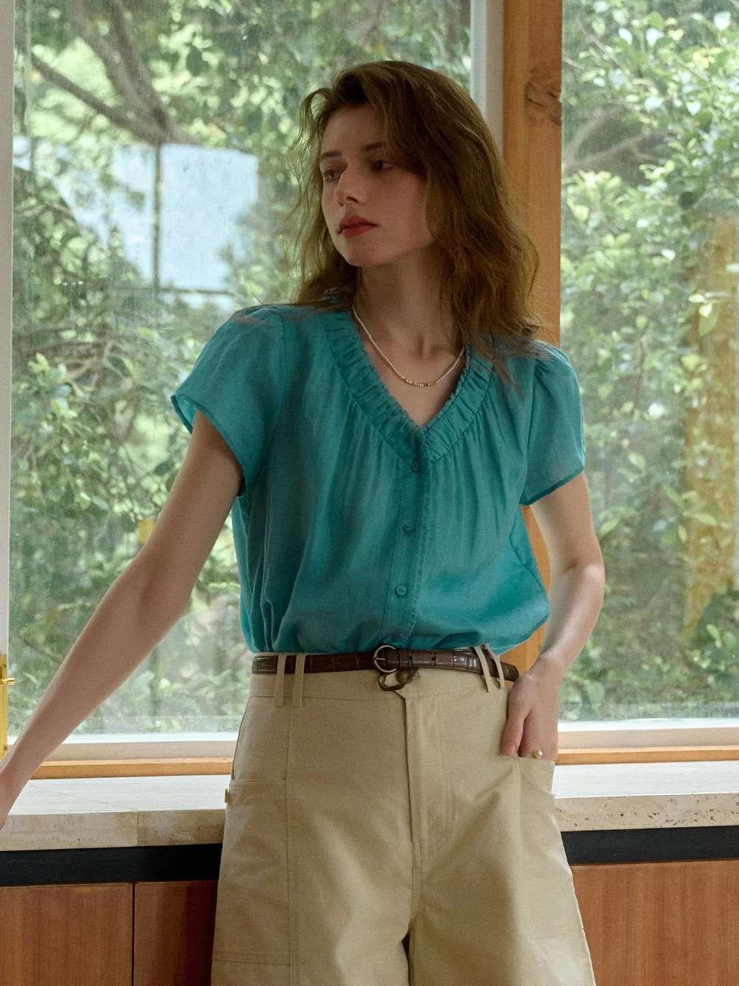 EasyCareMaterial PlacketDetail Angela V-Neck 100% Ramie Blouse