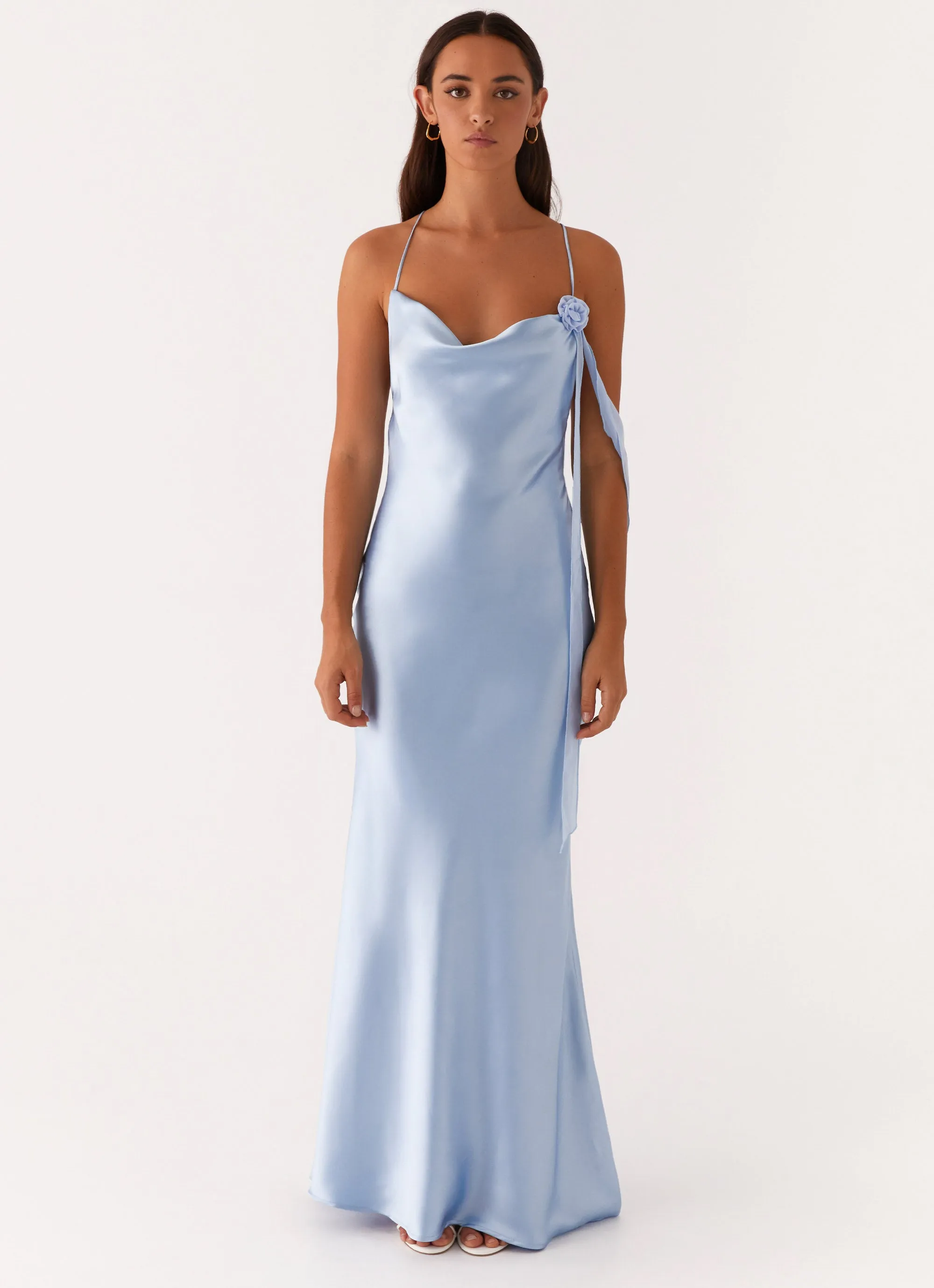 Too Sweet Satin Maxi Dress - Blue Stud-Detail Polished Details