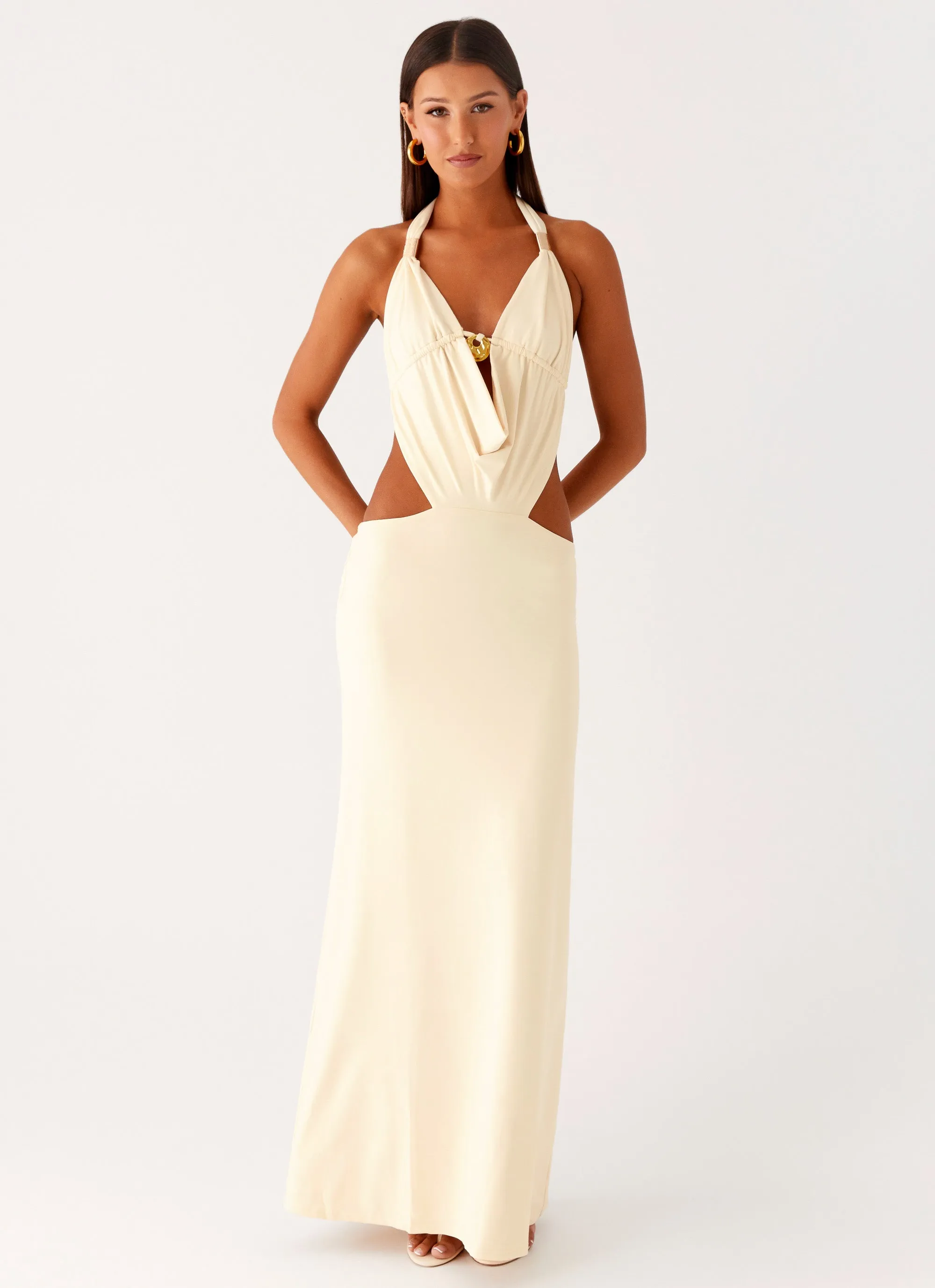 Layered Design Sleek Cut Torina Halter Maxi Dress - Lemon