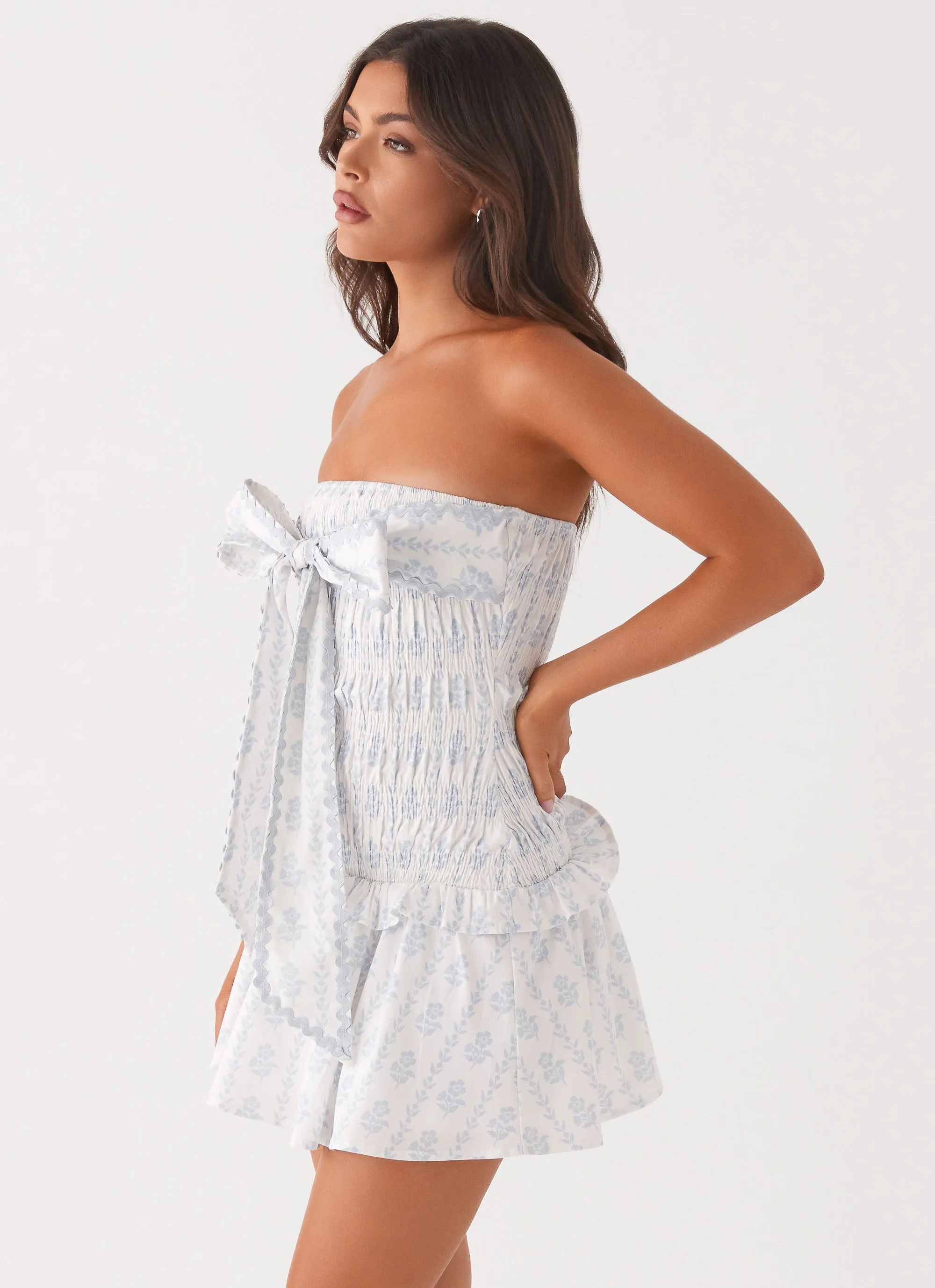 Izi Shirred Mini Dress - Sweet Daydream Print Built In Shorts