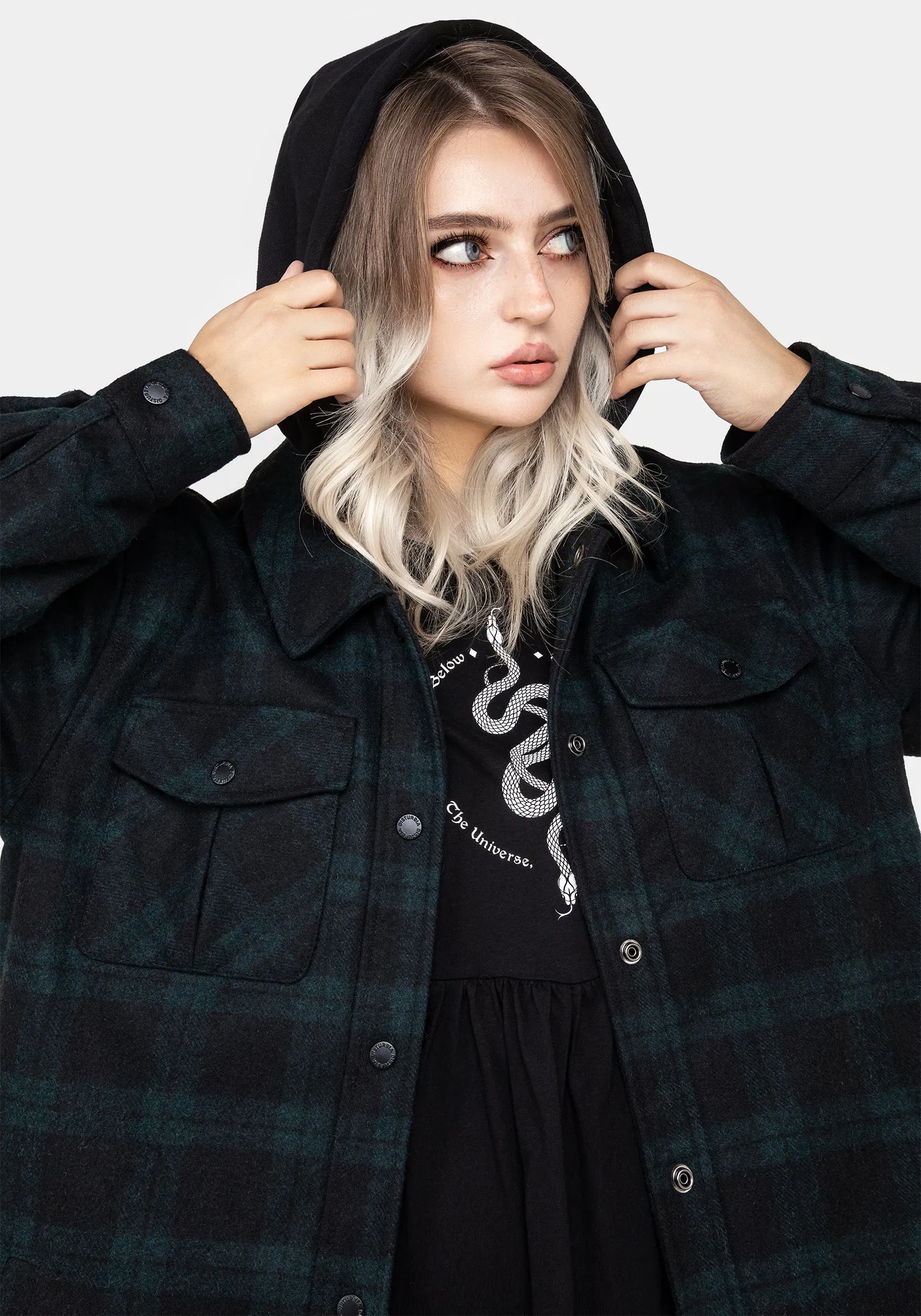 Snag Free Fabric Trellis Hooded Pocket Wool Blend Check Shacket