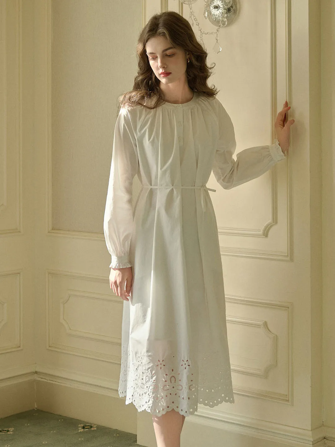 Lilly Round Neck Hem Hollow Embroidered Cotton Dress Curve-Enhancing