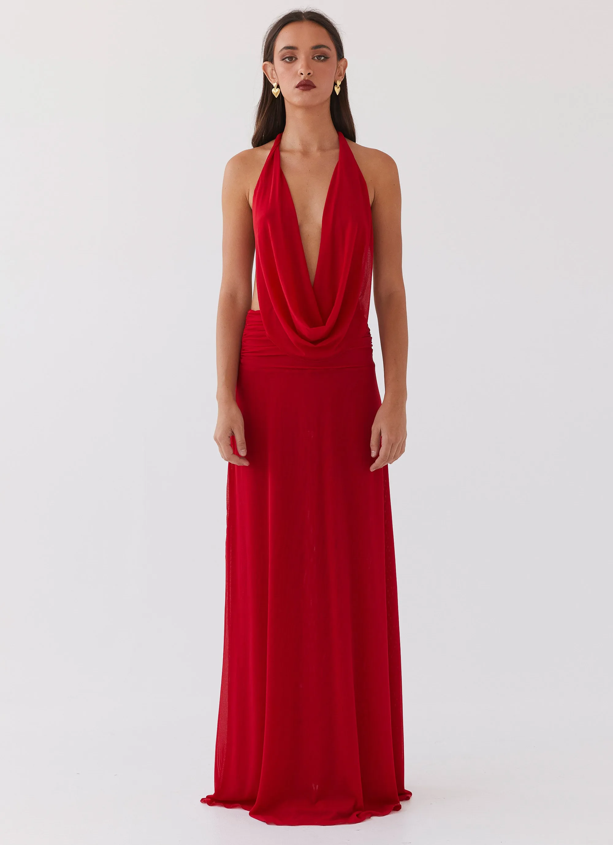 Pure Stitch Relax Motion Elysia Mesh Maxi Dress - Cherry Red