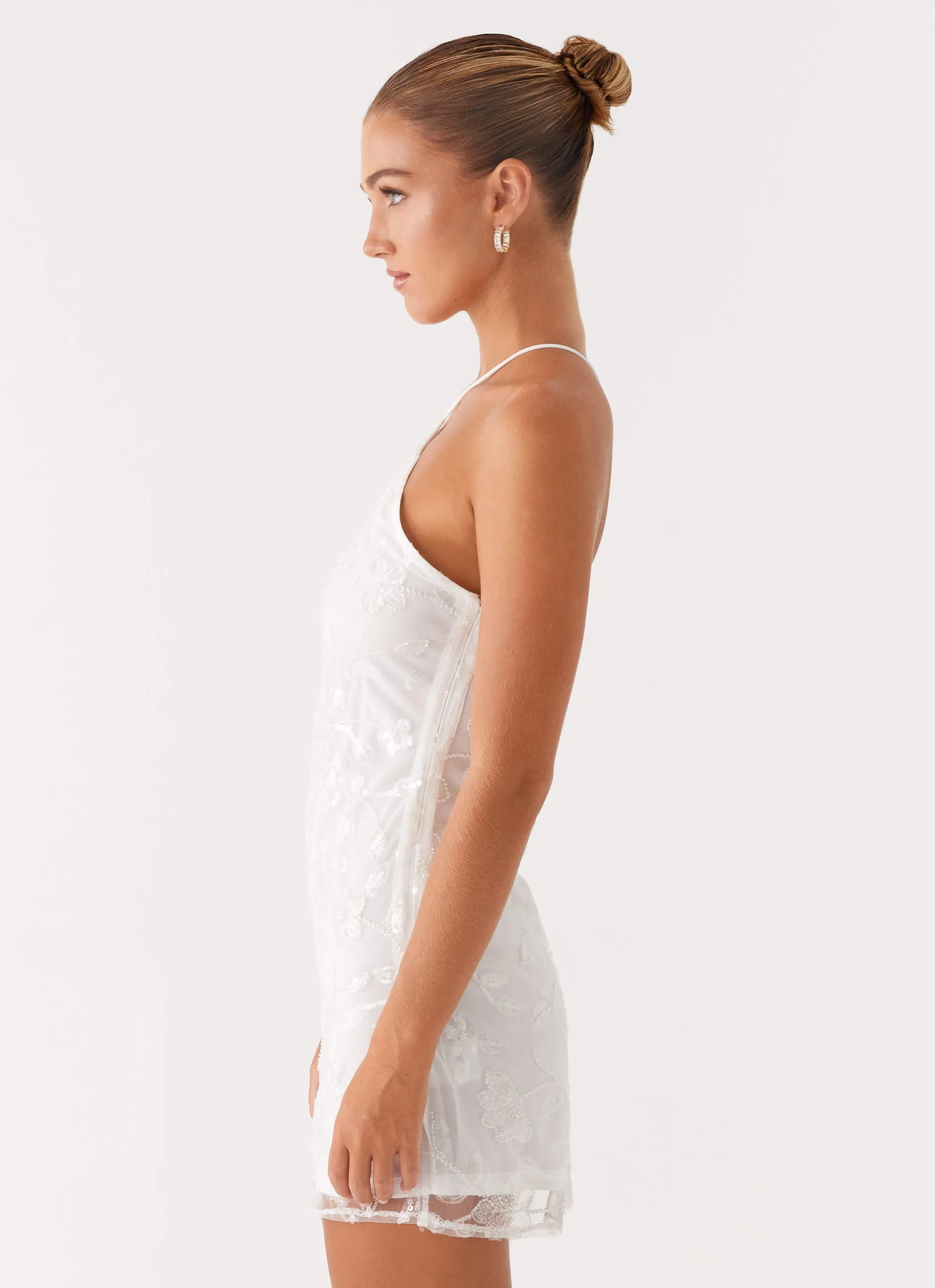 Rumi Beaded Mini Dress - White Satin Soft
