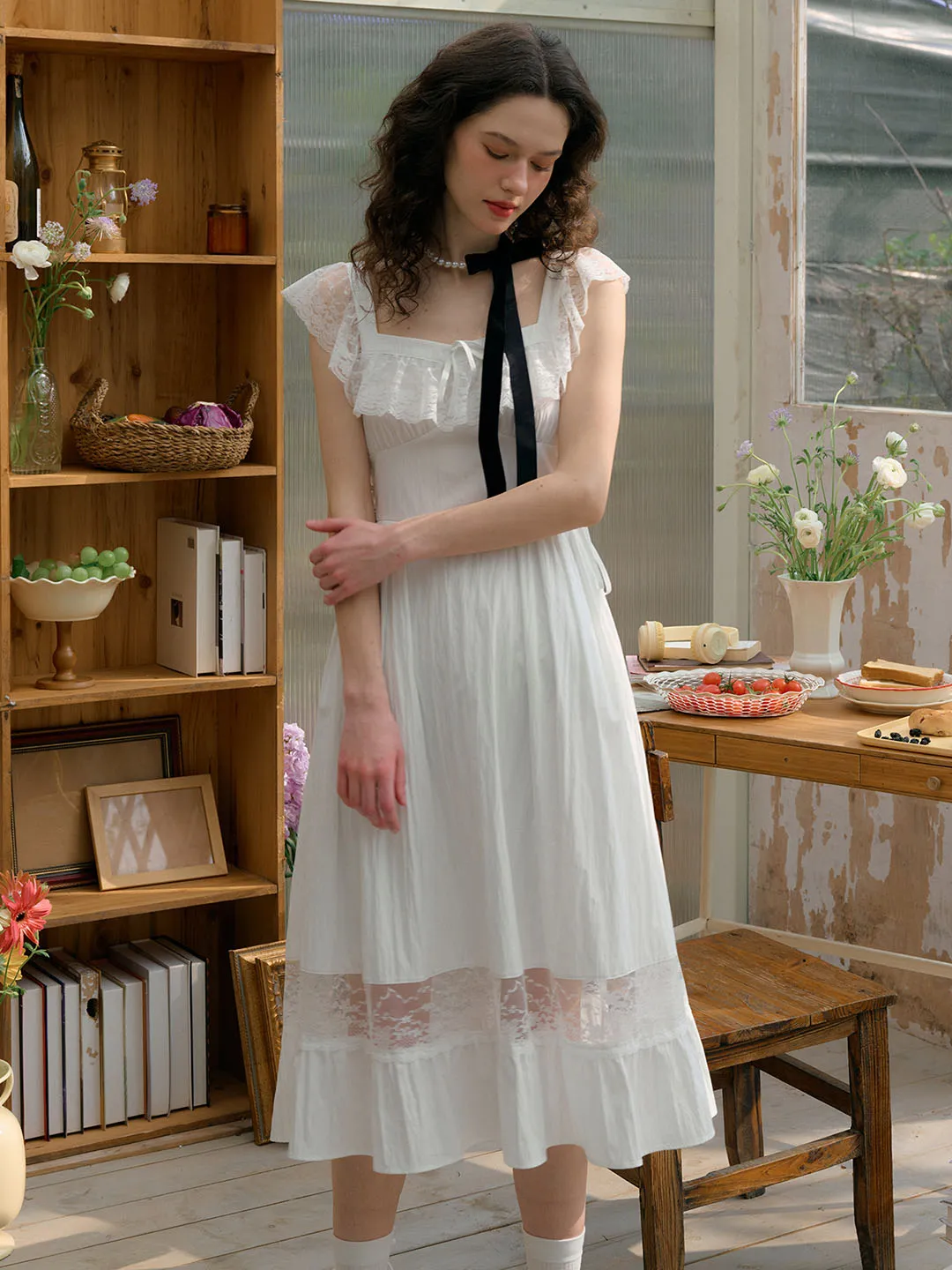 Urban Casual Versatile Wearable Aniyah Bow Square Neck Ruffle Sleeve Lace Hollow Hem Dress