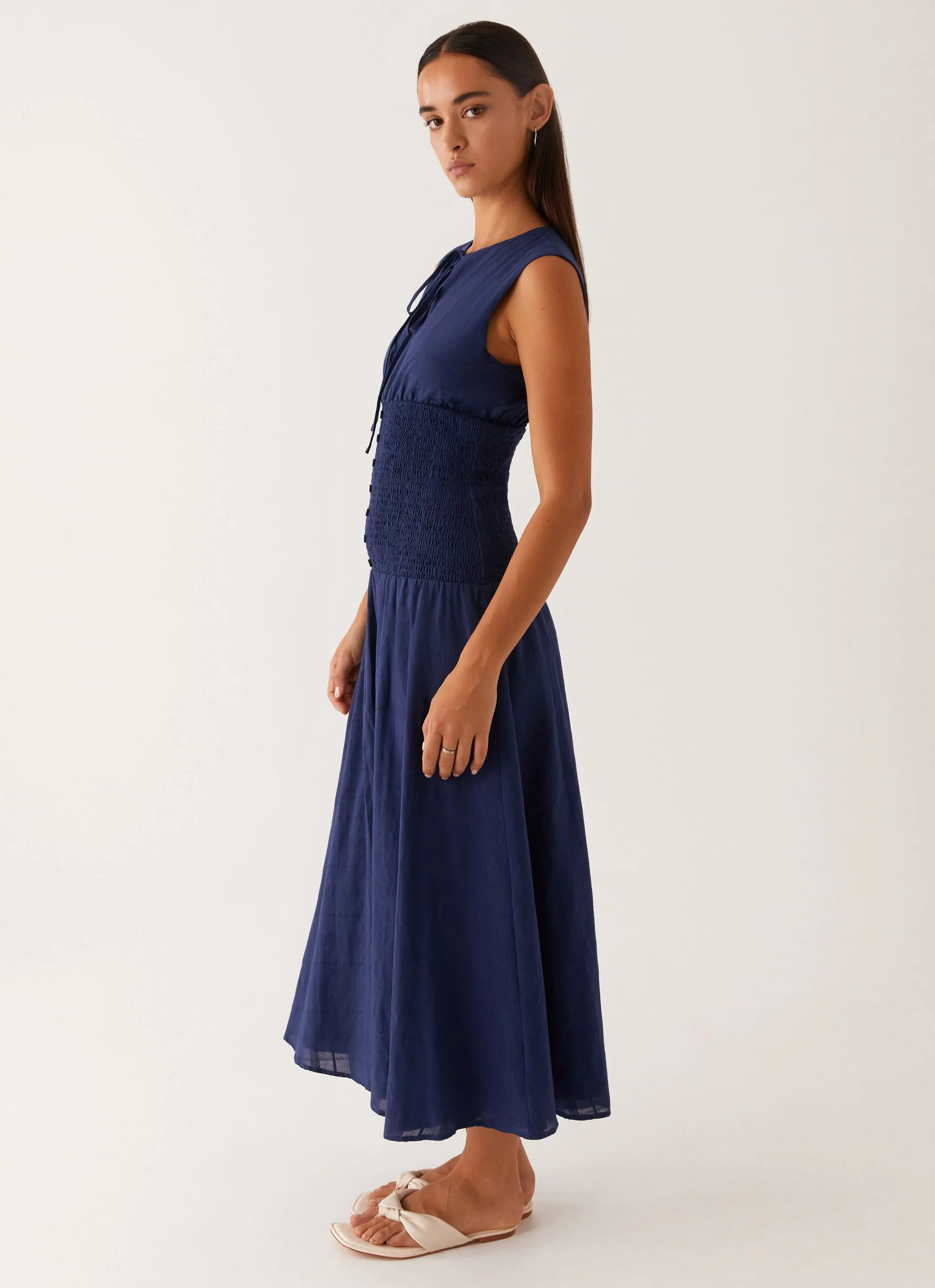 Belle Shirred Waist Midi Dress - Navy Modern Edge Exclusive-Design
