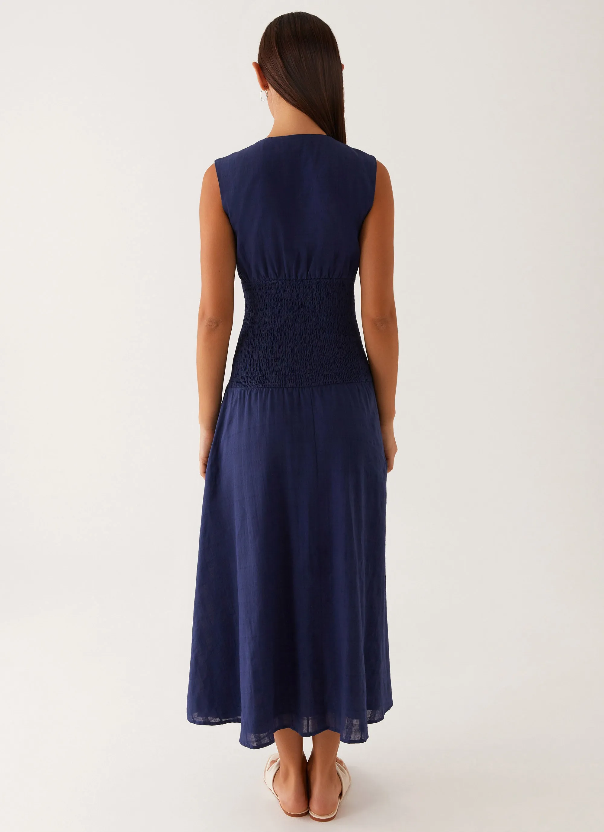 Belle Shirred Waist Midi Dress - Navy Coffee Break