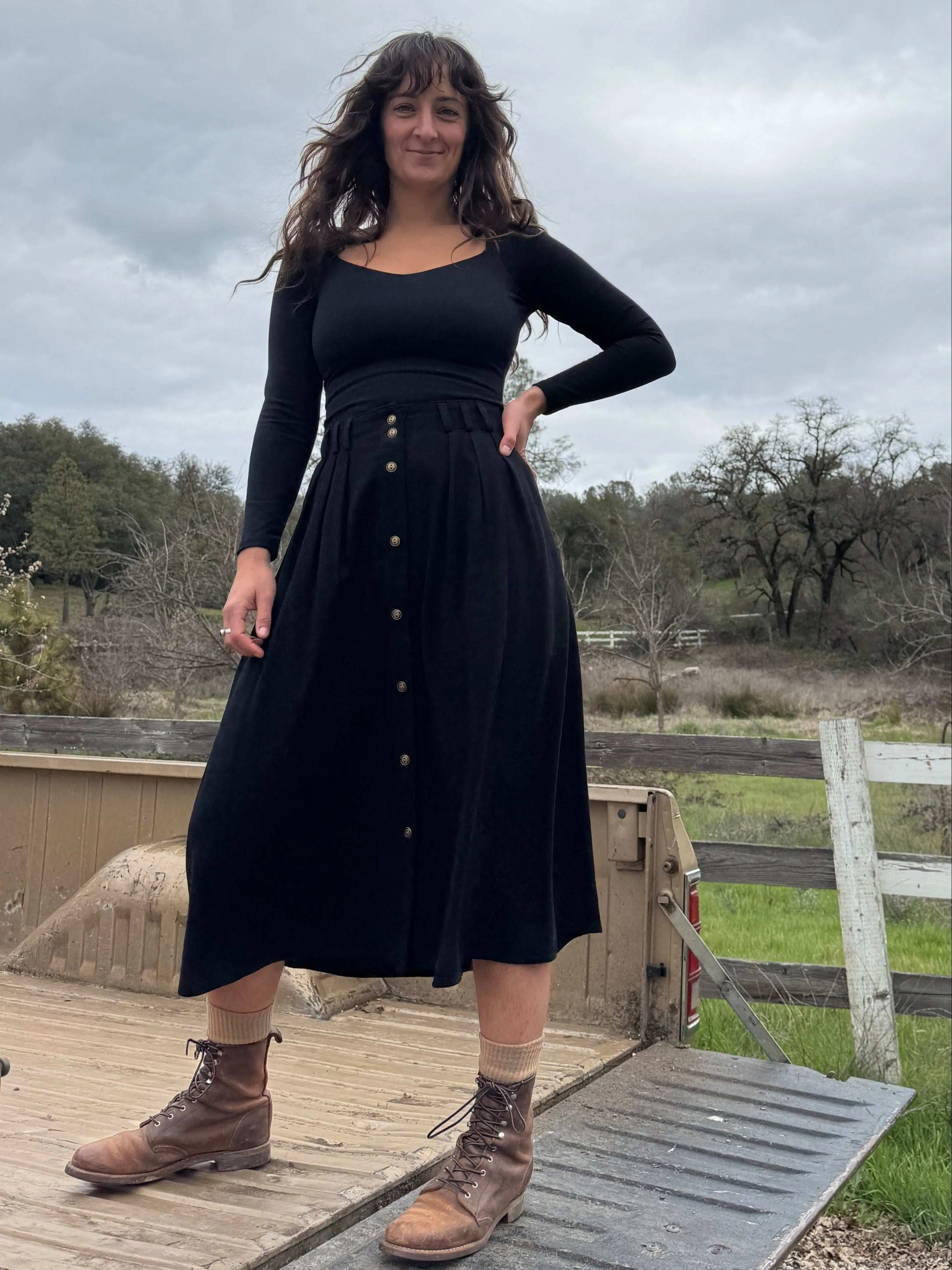 Trices Skirt in Textured Black Linen Cozy and Soft Workwear