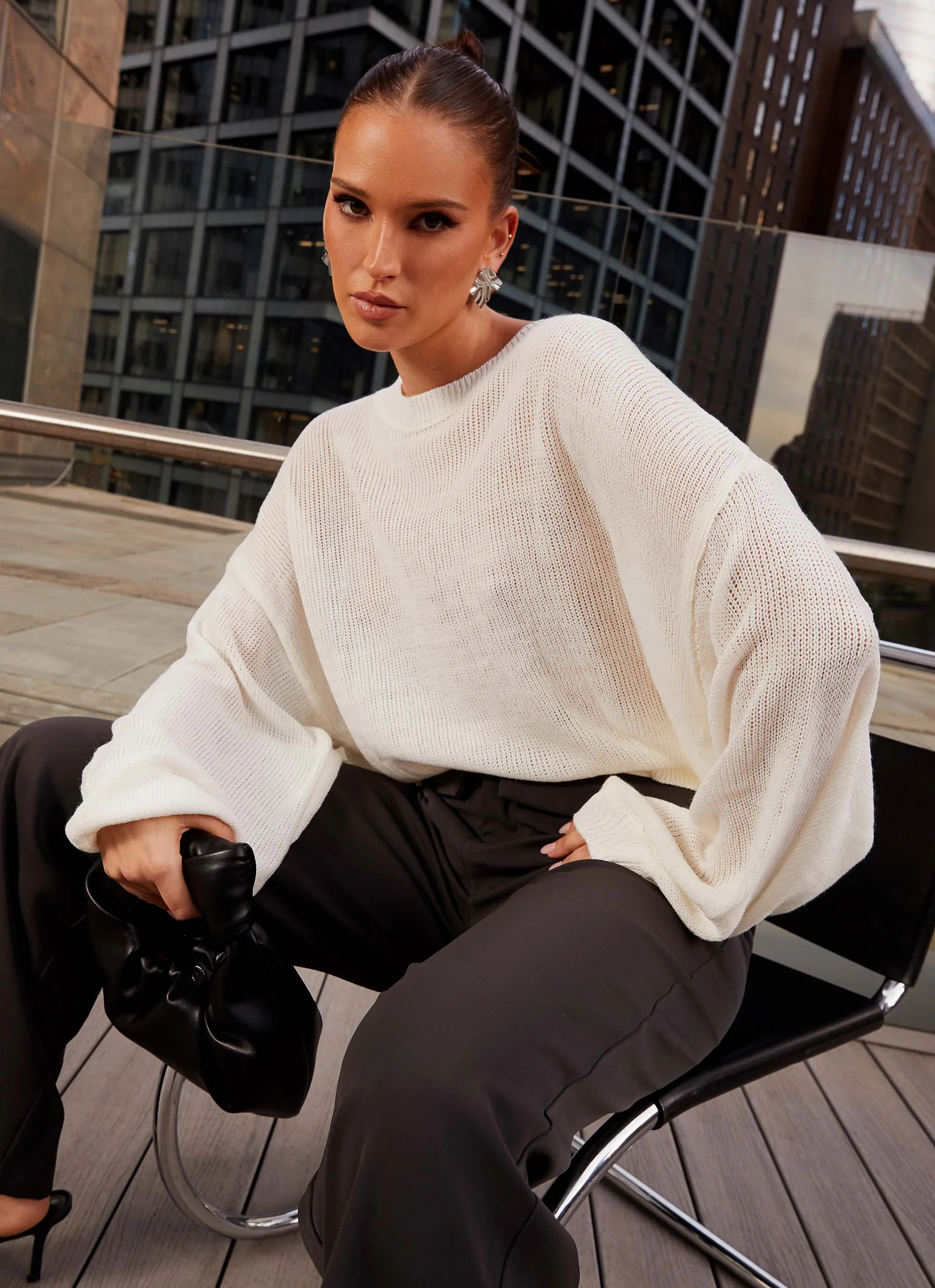 Recycled Polyester Blend Active Daily Wear Tyla Oversized Knit Sweater - White