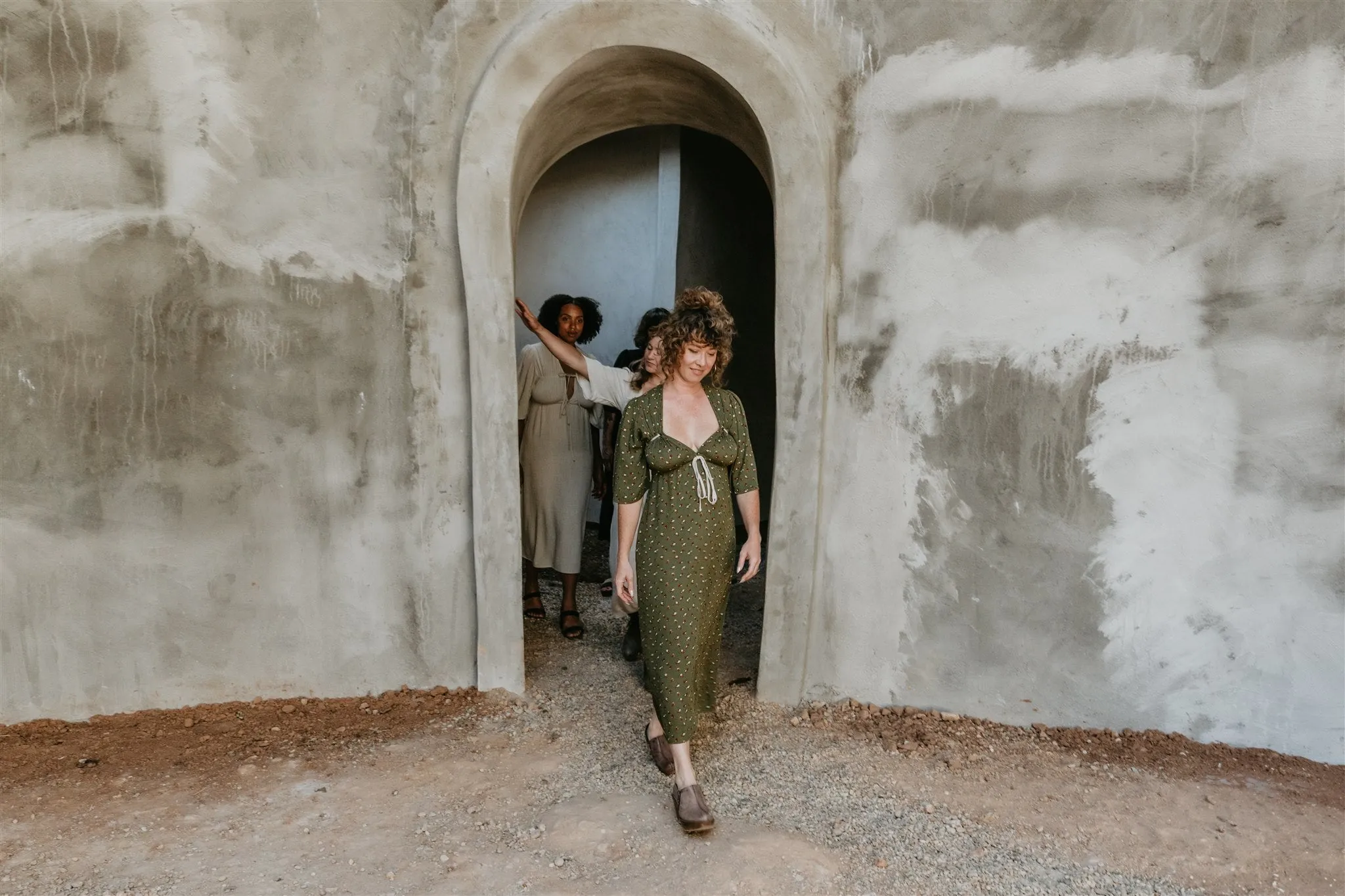 Tyrah Dress in Green Floral Calico Crepe Gender Free Semi Sheer