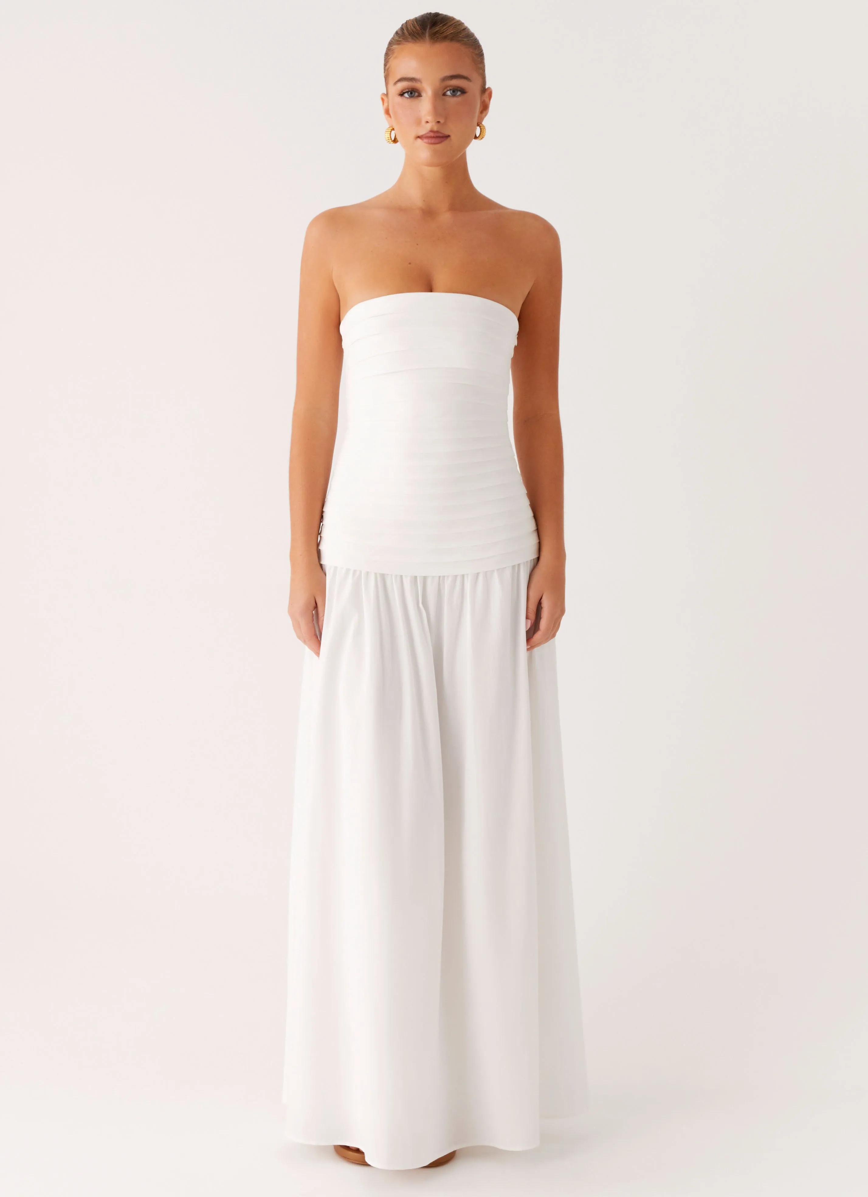 High Waist Silky Layer Tyrah Maxi Dress - White