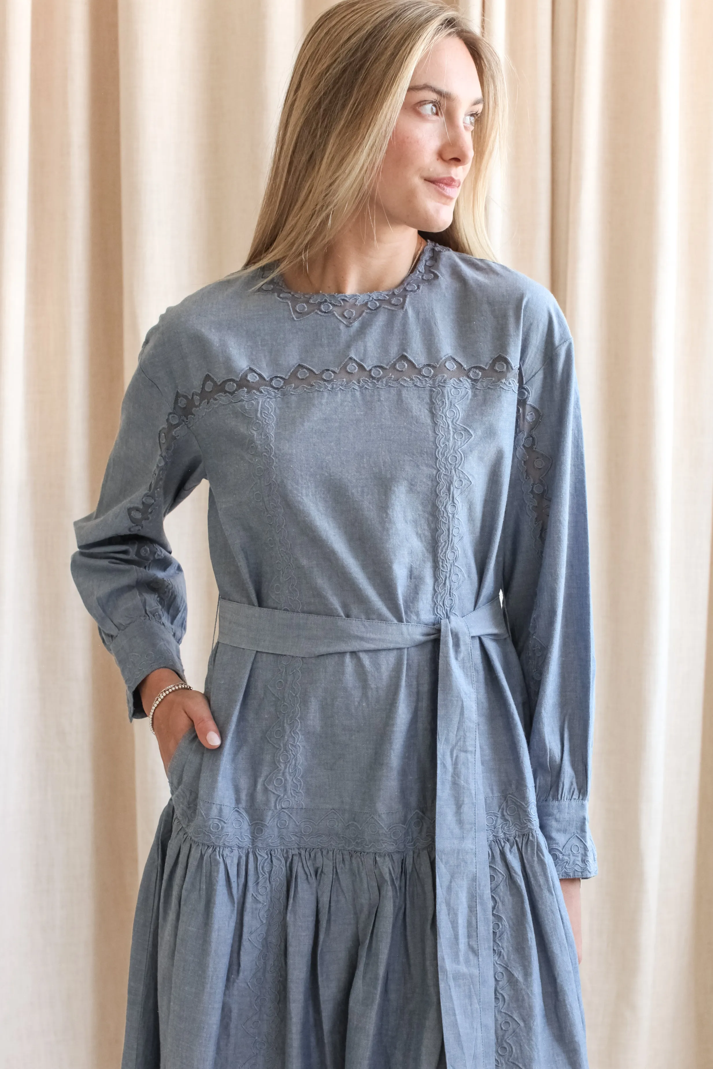 Ulla Johnson Brin Drop Waist Long Sleeve Dress - Chambray Fashionable Comfort