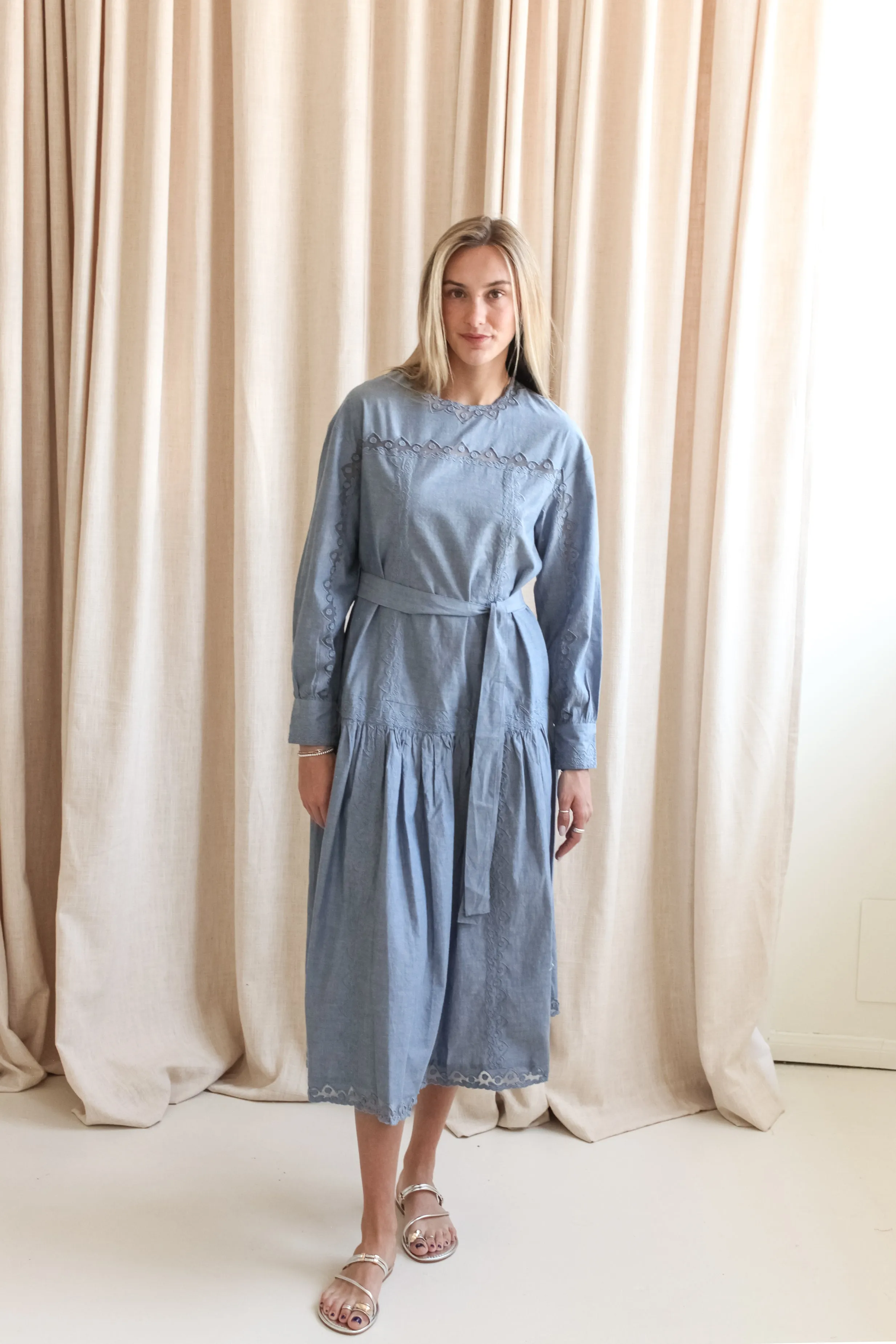 Ulla Johnson Brin Drop Waist Long Sleeve Dress - Chambray Life Soft Delicate Lines