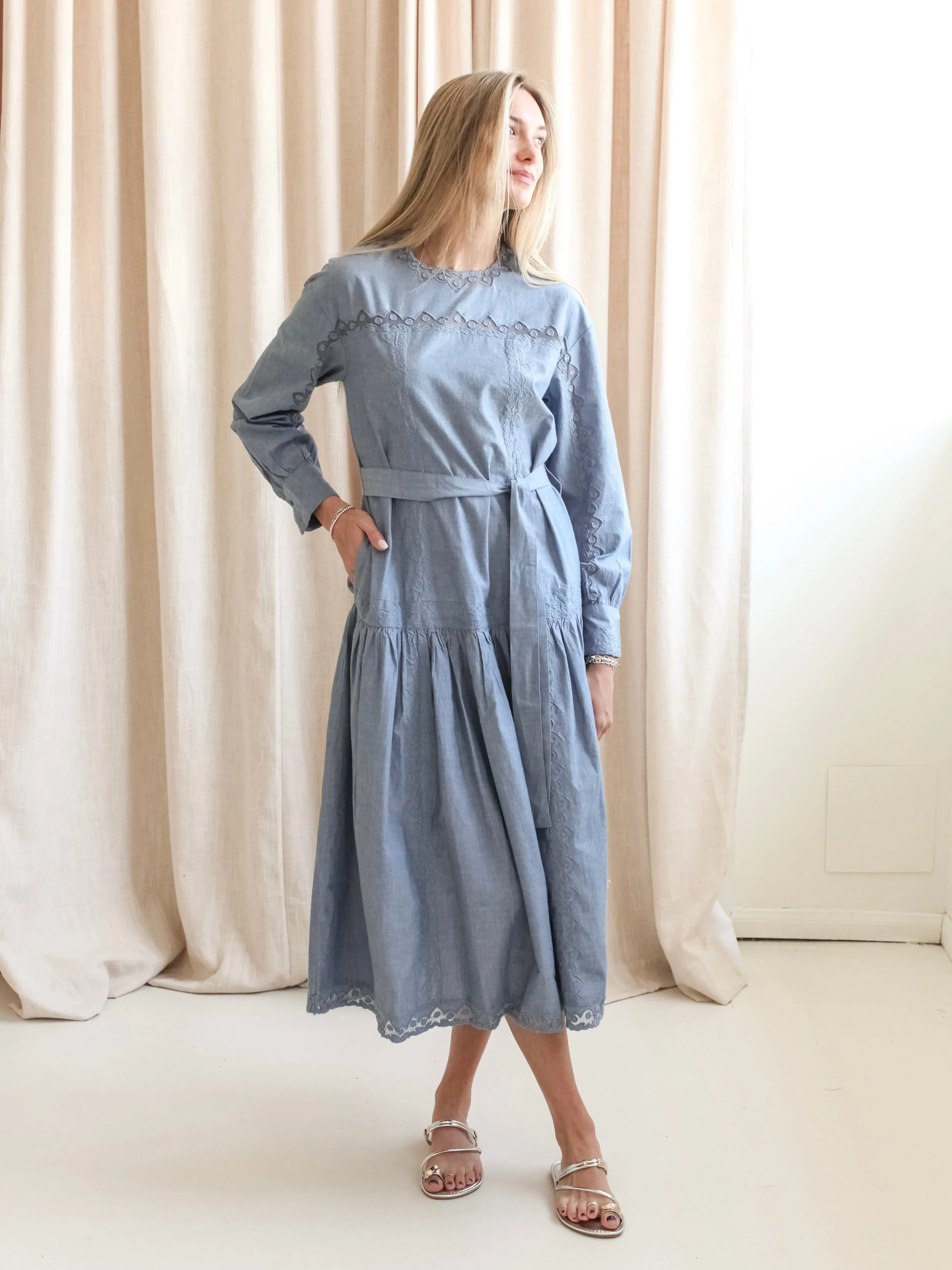 Ulla Johnson Brin Drop Waist Long Sleeve Dress - Chambray Polite Vibe Graceful Ease