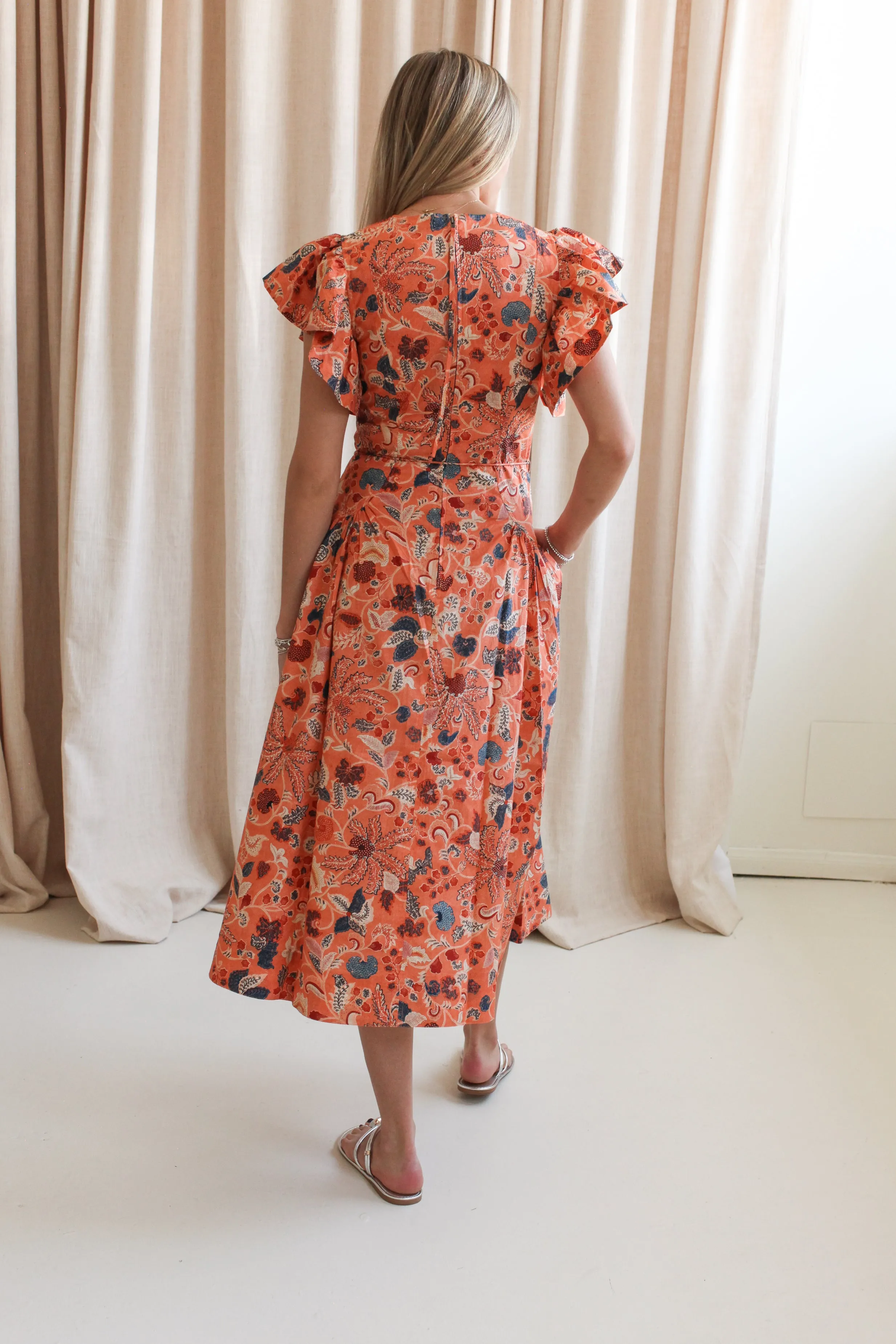 Ulla Johnson Darya Drop Waist Midi Dress - Coral Peony Slit-Hem Casual Style