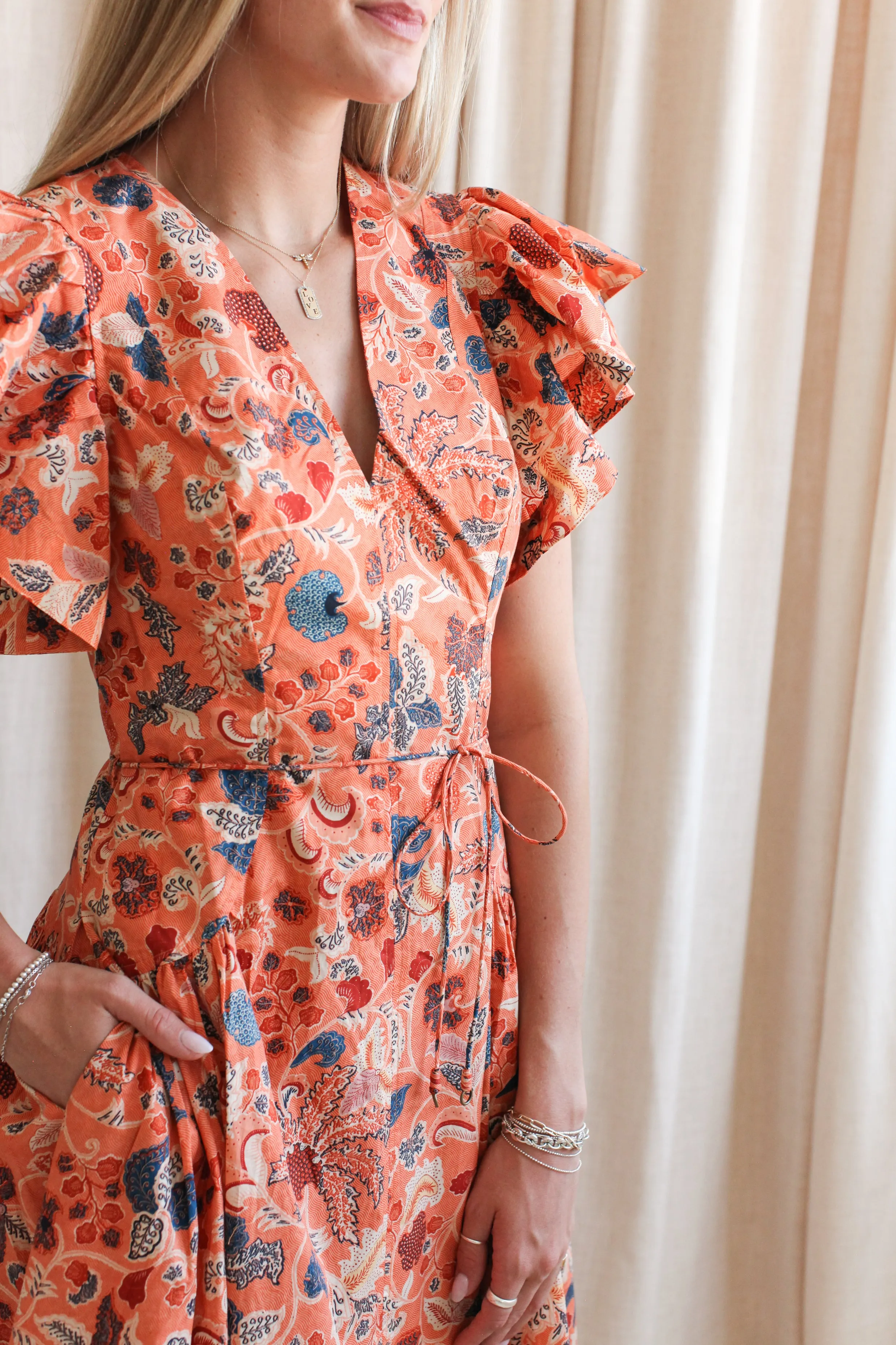 New Spirit Form Focus Ulla Johnson Darya Drop Waist Midi Dress - Coral Peony