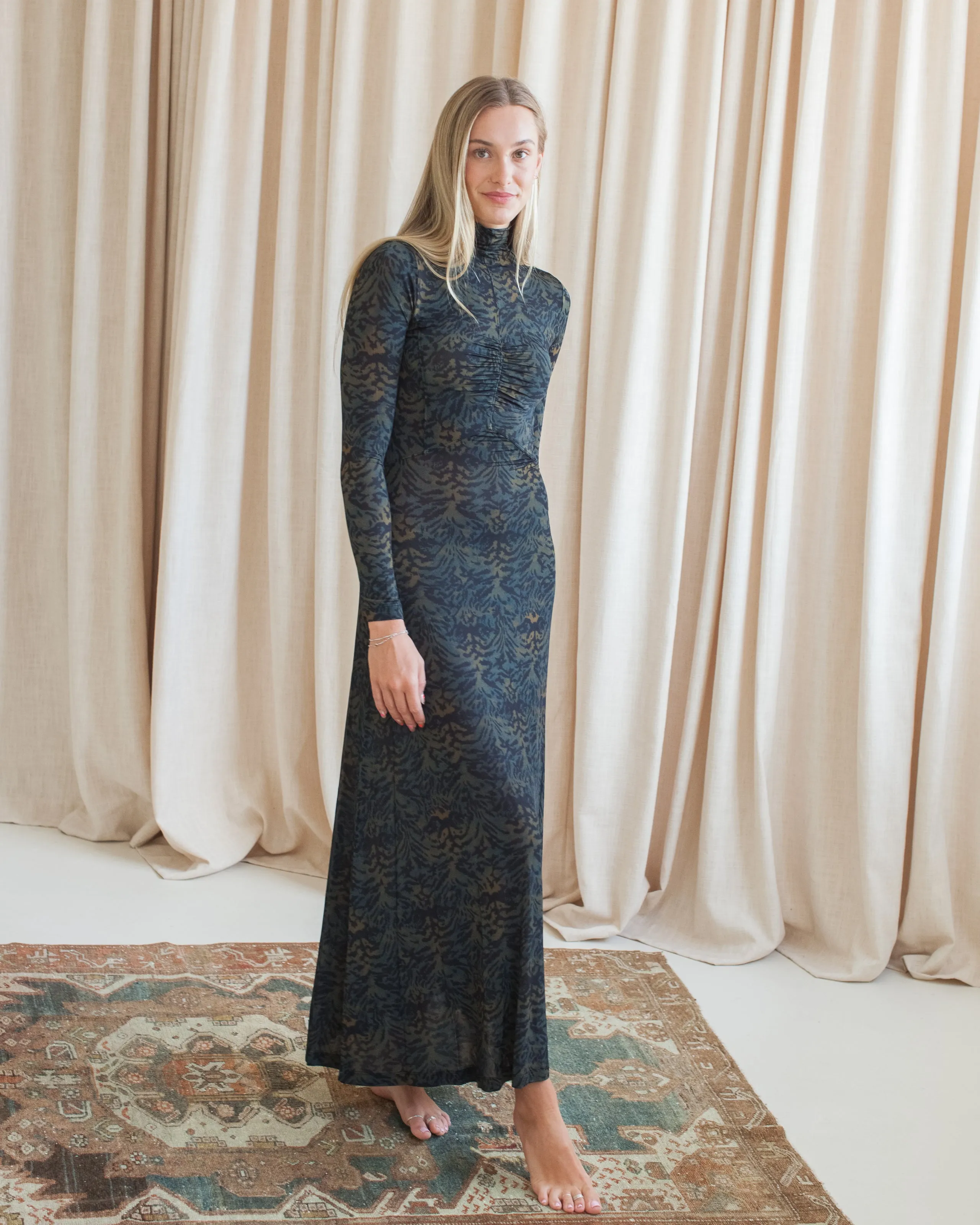 Fresh Aesthetic Ulla Johnson Koa Jersey Ruched Front Turtleneck Dress- Desert Jasper