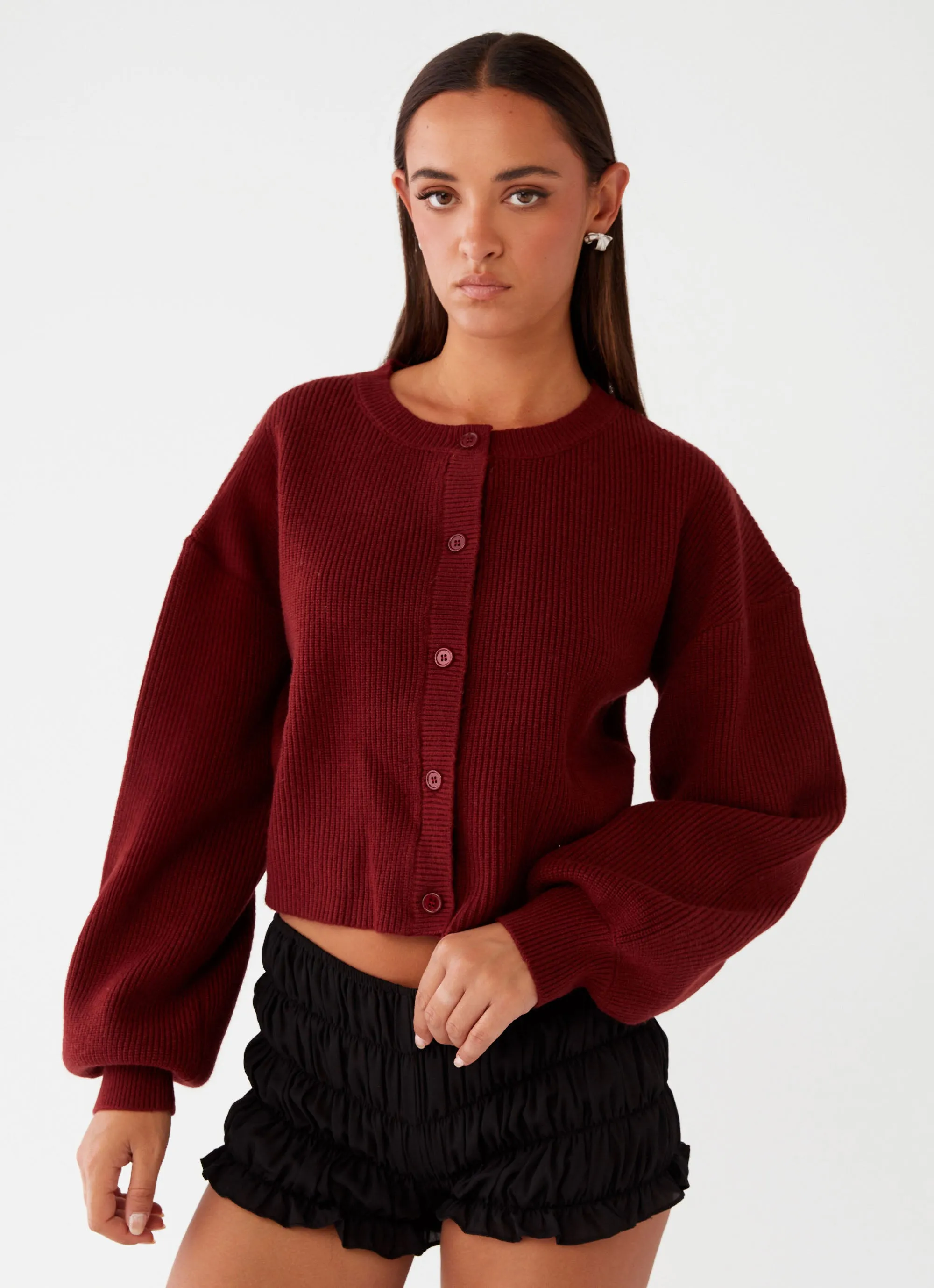 Daphne Knit Cardigan - Maroon Flexible Joint Articulation Eco Dye Process