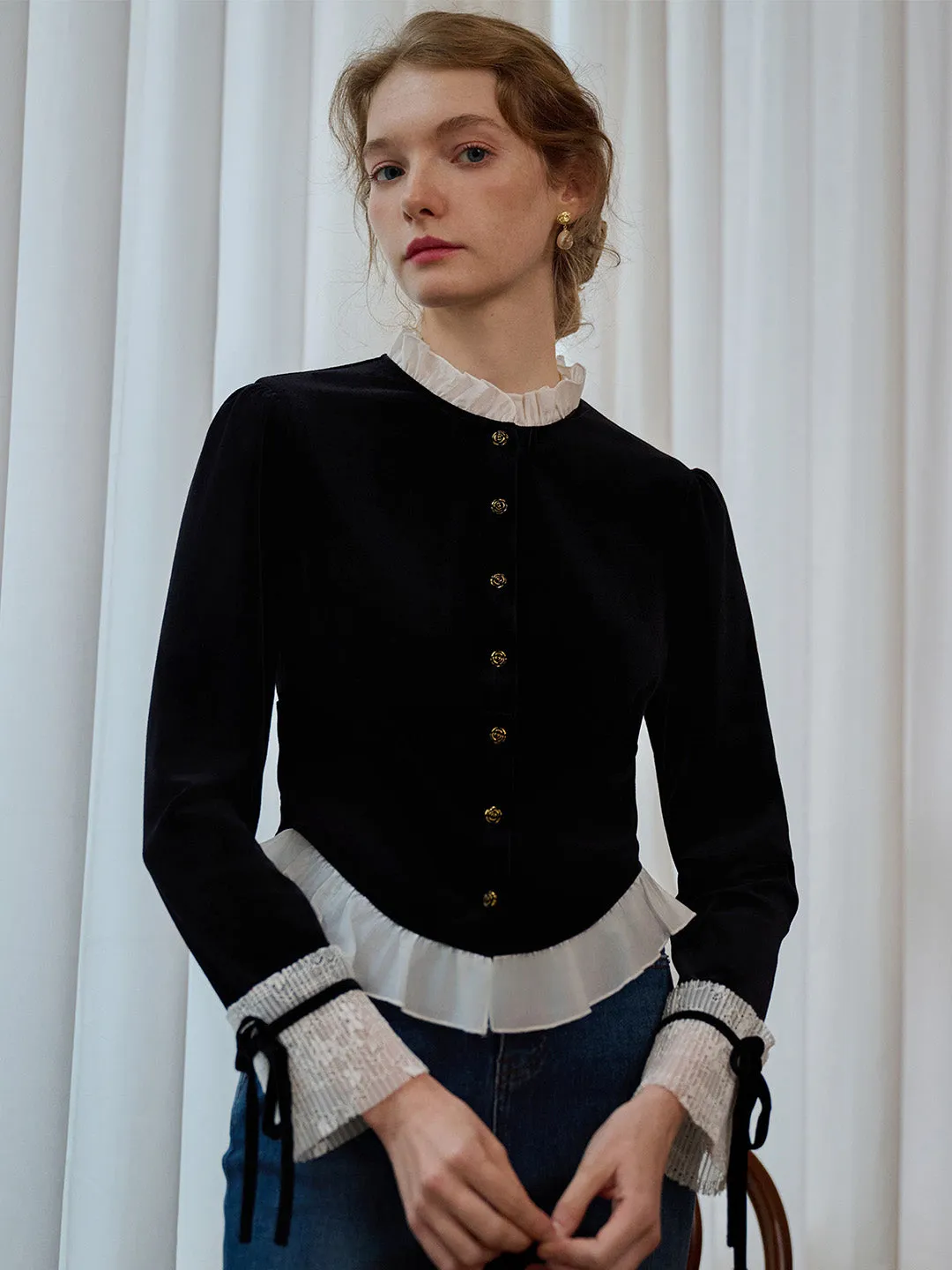 ??Final Sale??Alice Contrast Lace Ruffle Trim Velvet Blouse Ventilated Mesh Panels AdjustableCuffs