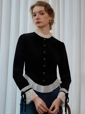 LightweightWeave ??Final Sale??Alice Contrast Lace Ruffle Trim Velvet Blouse