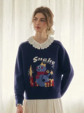 Formal Blouse FadeResistant Coating Paloma Round Neck Snake Pattern Wool Sweater