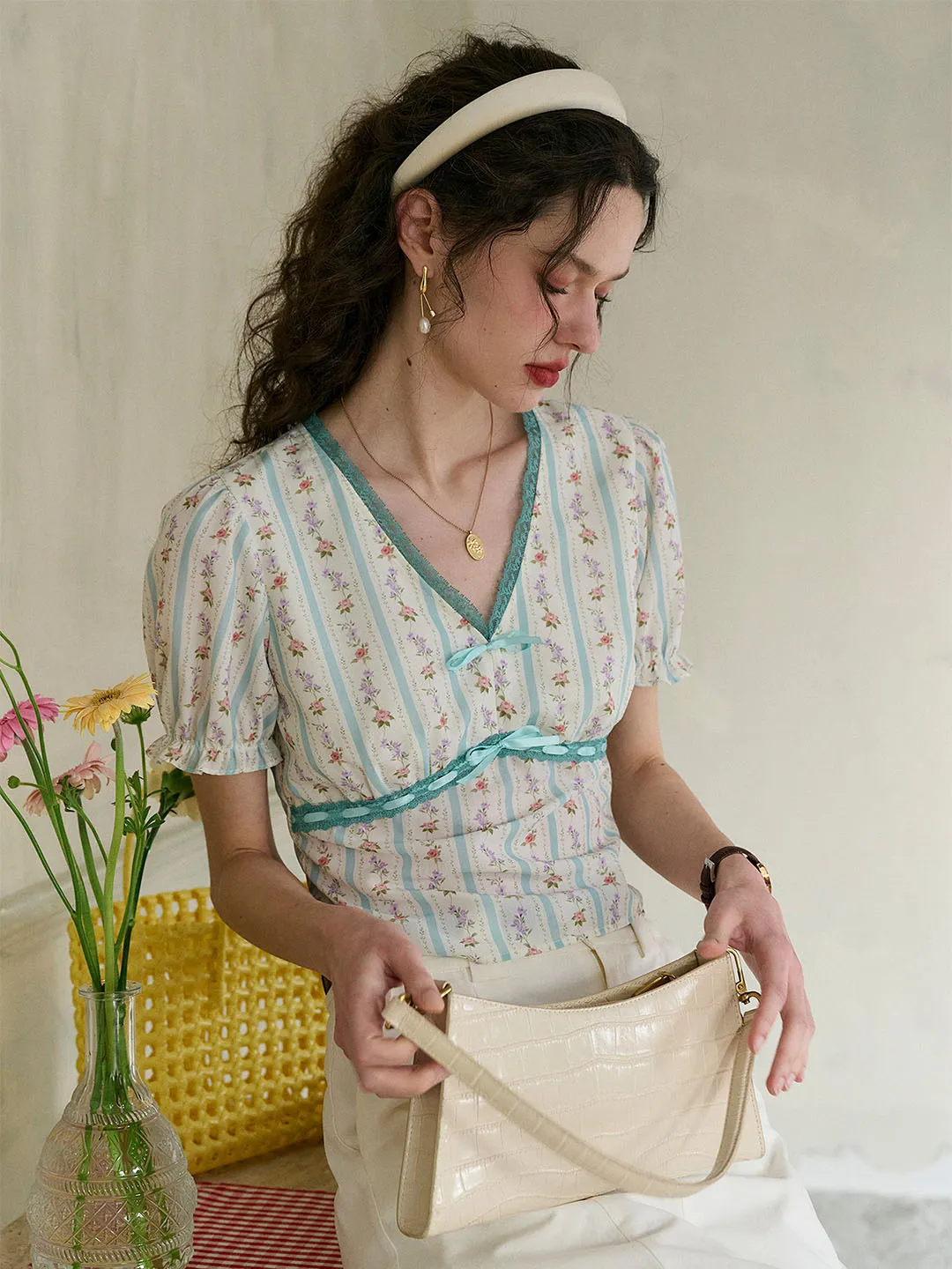 ??Final Sale??Angel V Neck Bow Lace Contrast Floral Print Striped Puff Sleeve Top MultiFunctional Pocket Placement Anti Microbial Lining