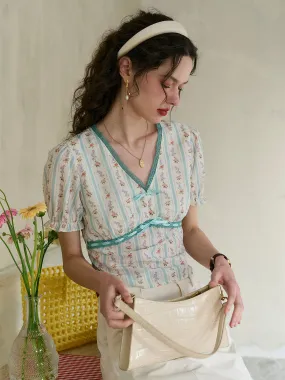 ??Final Sale??Angel V Neck Bow Lace Contrast Floral Print Striped Puff Sleeve Top MultiFunctional Pocket Placement Anti Microbial Lining