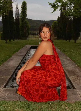 Under The Pagoda Maxi Dress - Deep Red Floral Winter Wrap