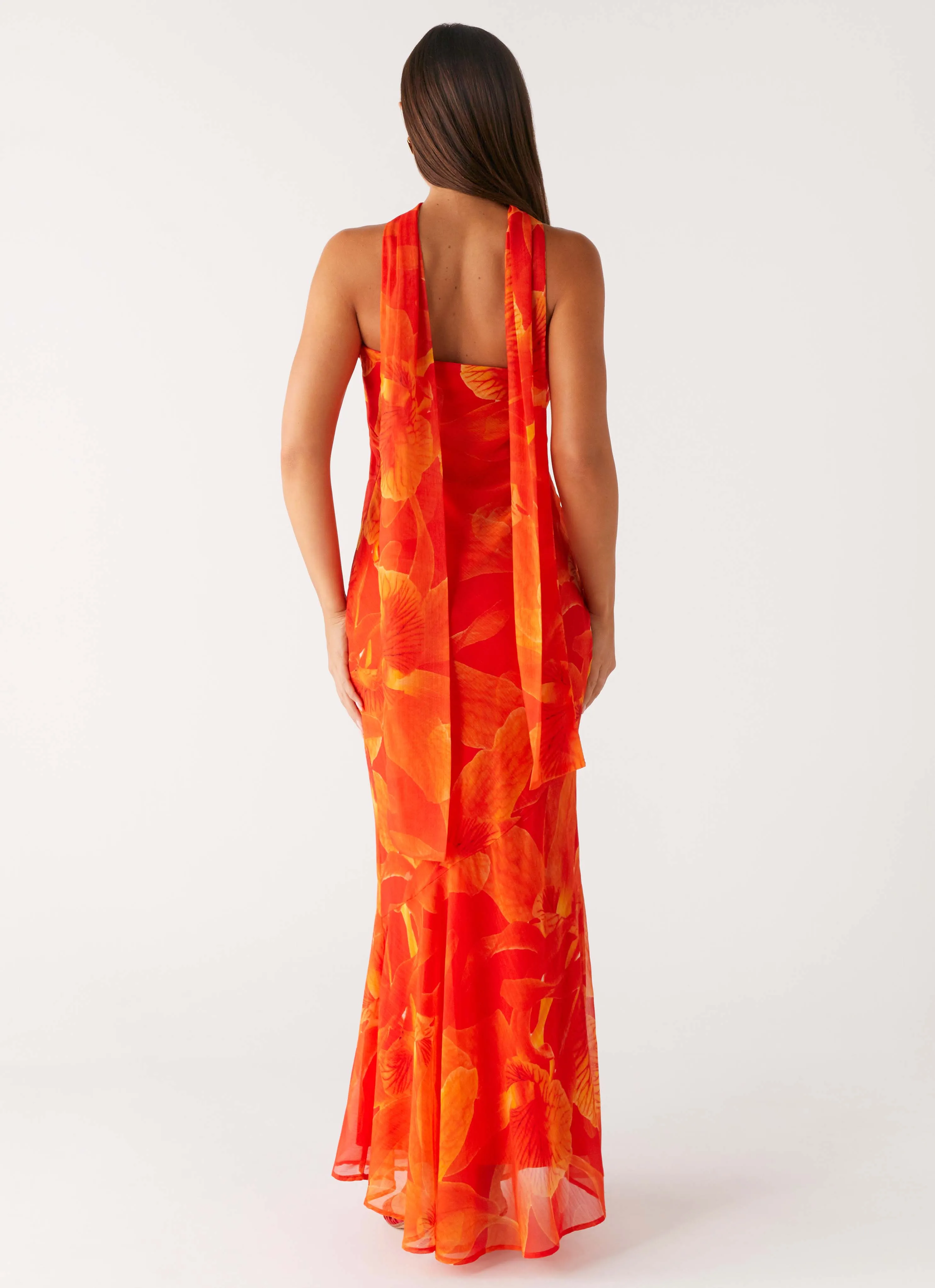 Satin-Edge Bust-Enhancing Under The Pagoda Maxi Dress - Orange Floral