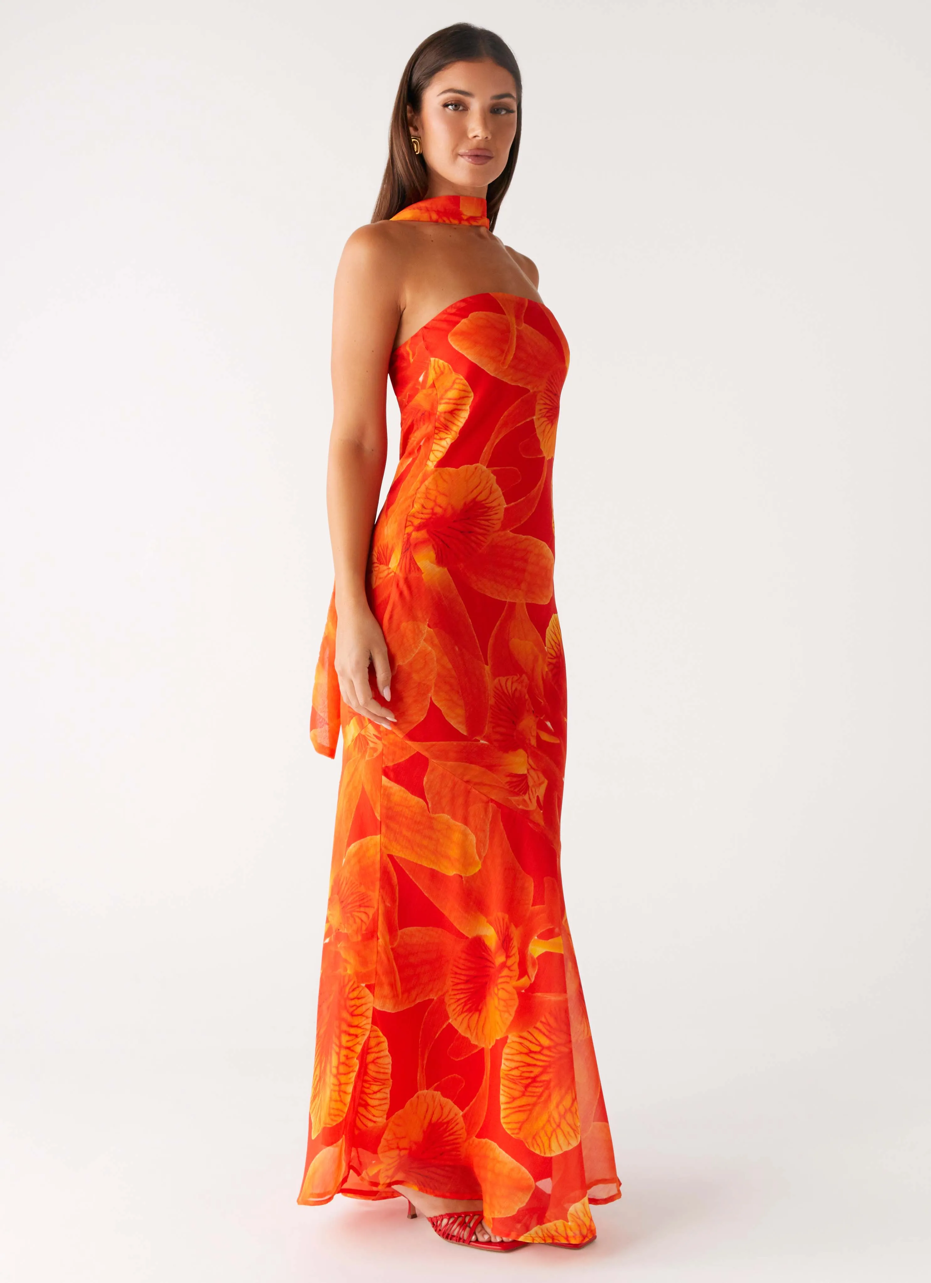 Under The Pagoda Maxi Dress - Orange Floral Texture Edge Elegant Tailoring