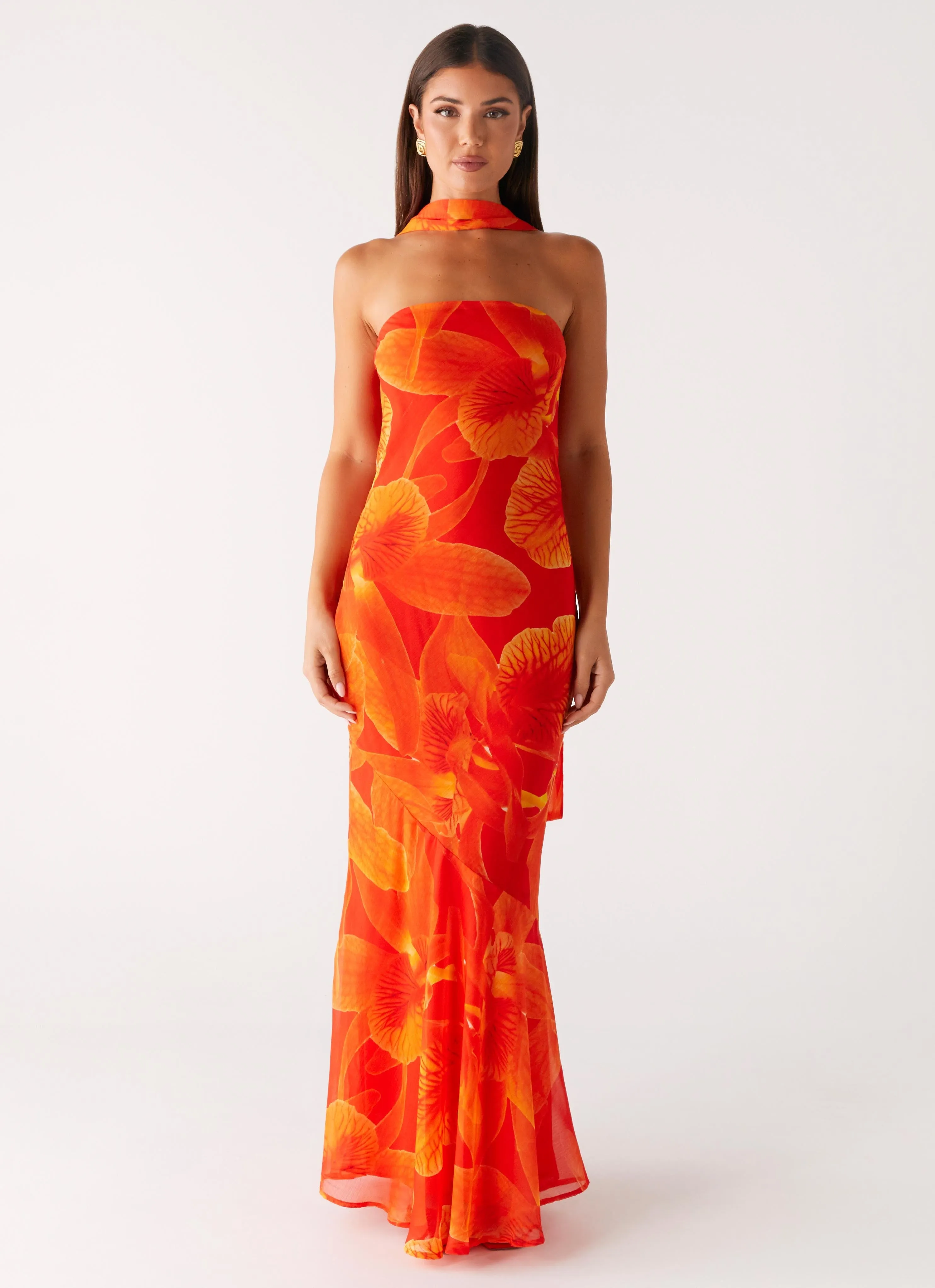 Evening Chic Summer Mood Under The Pagoda Maxi Dress - Orange Floral
