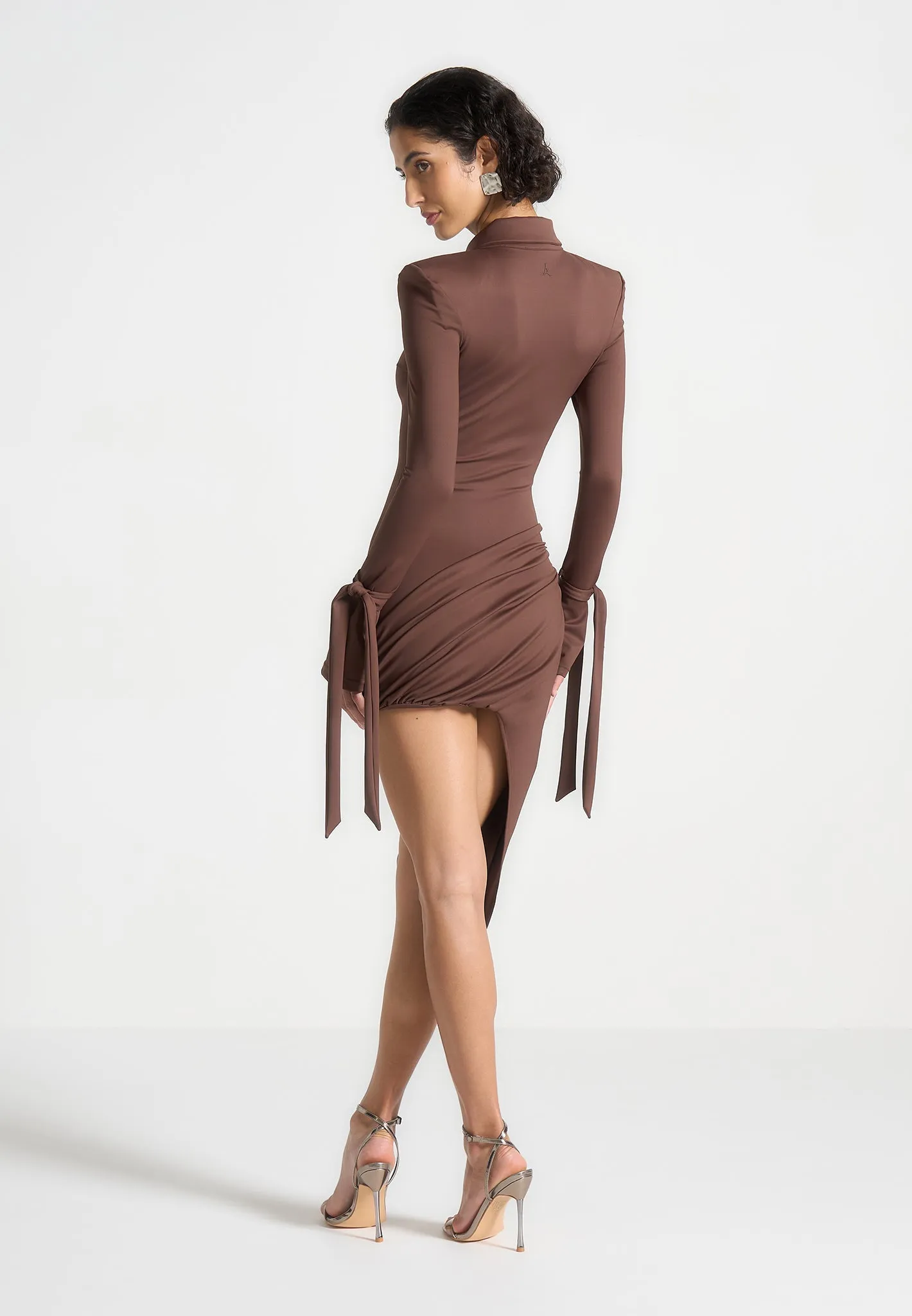 Sleek Flex Diane - Draped Asymmetric Mini Dress - Brown