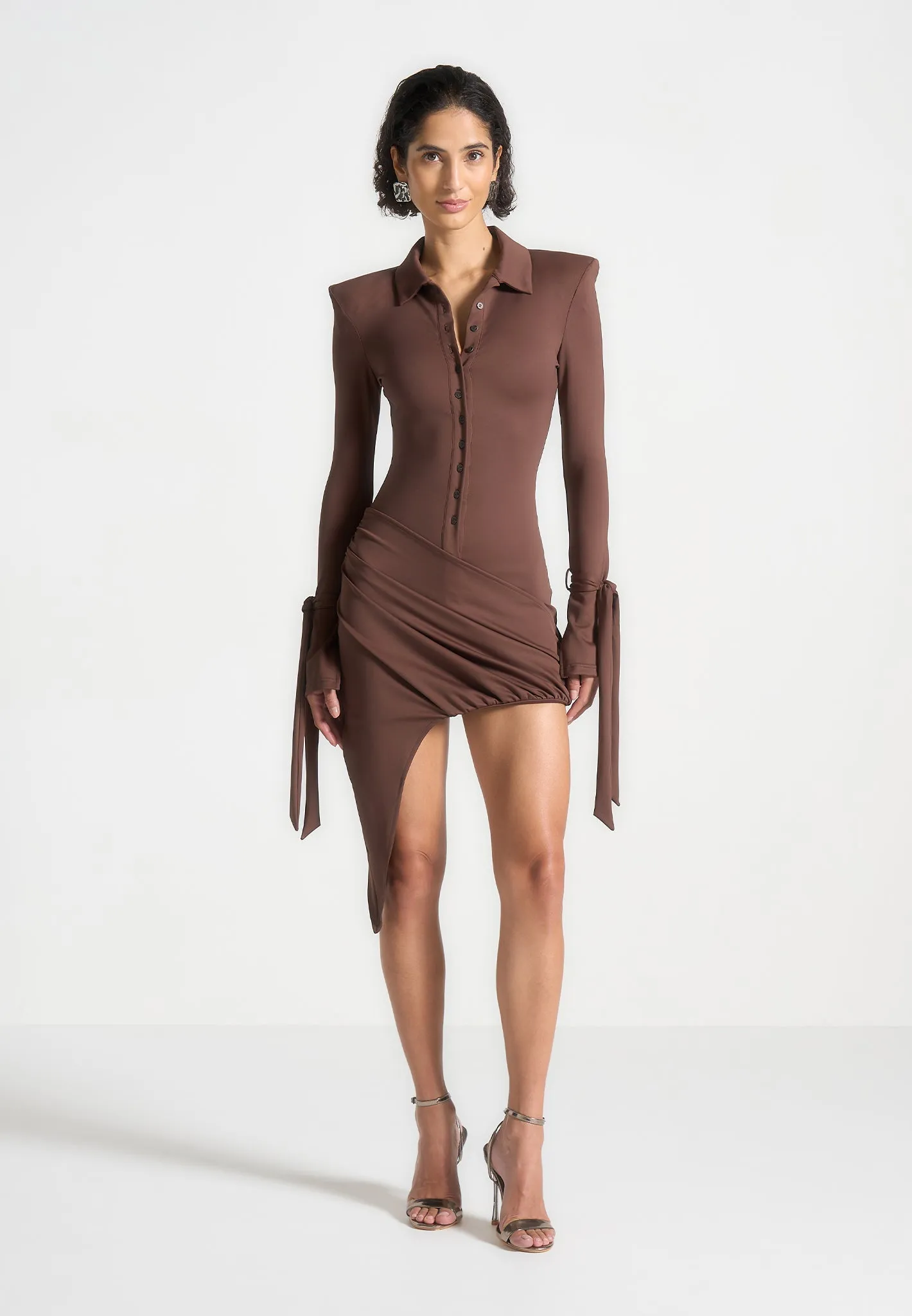 Diane - Draped Asymmetric Mini Dress - Brown Sophisticated Elegance Gathered-Detail