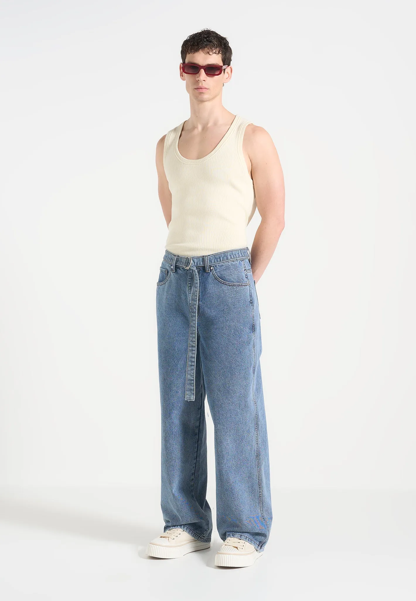 Work Ready Soft Adam - Wide Leg Belted Jeans - Blue Wash
