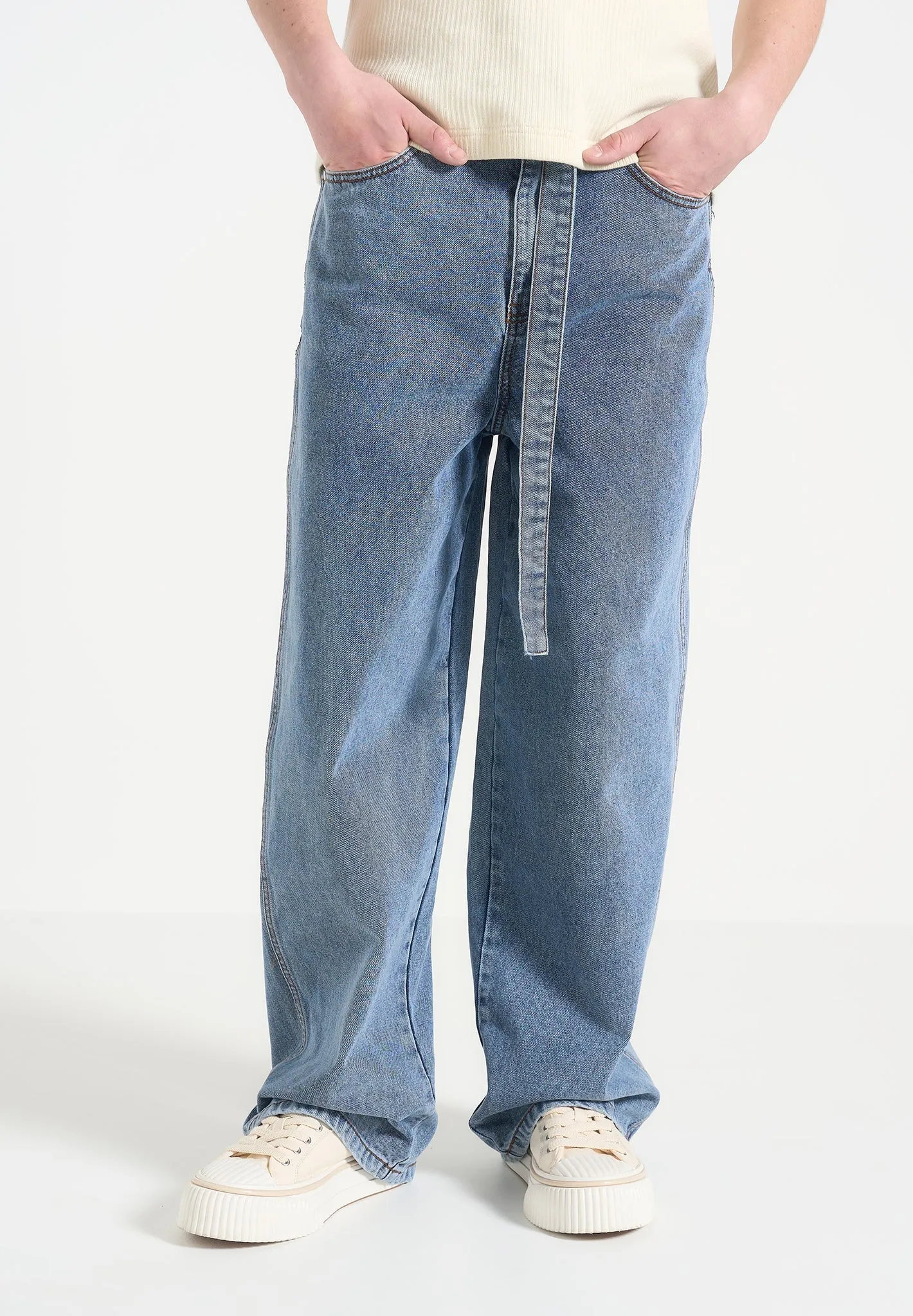 Adam - Wide Leg Belted Jeans - Blue Wash Easywear Style
