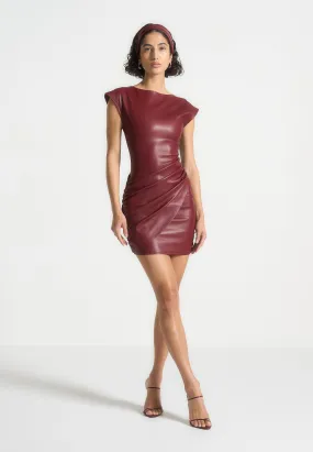Tina - Leather Gathered Dress - Wine Red Off-Shoulder Fashionable And Functional
