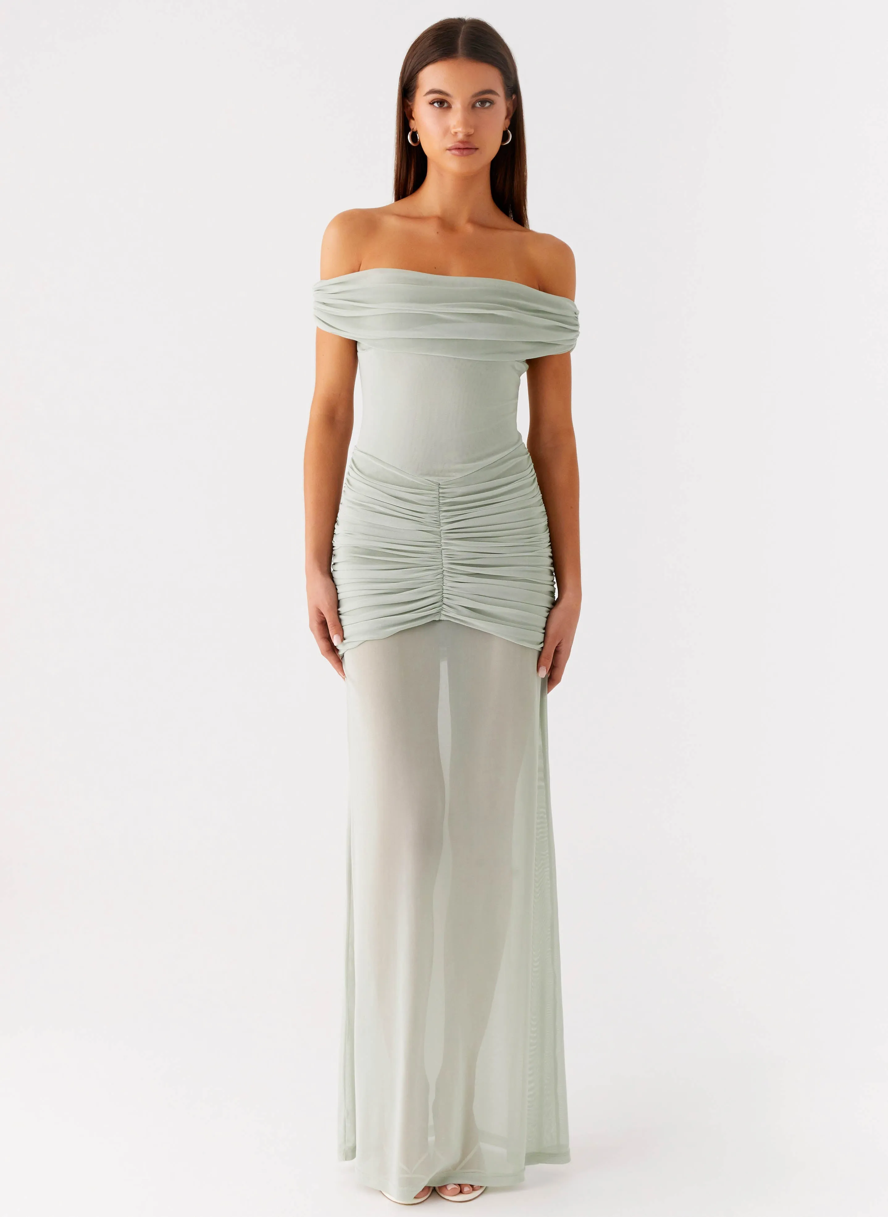 Silky-Feel Eyllin Off Shoulder Maxi Dress - Sage