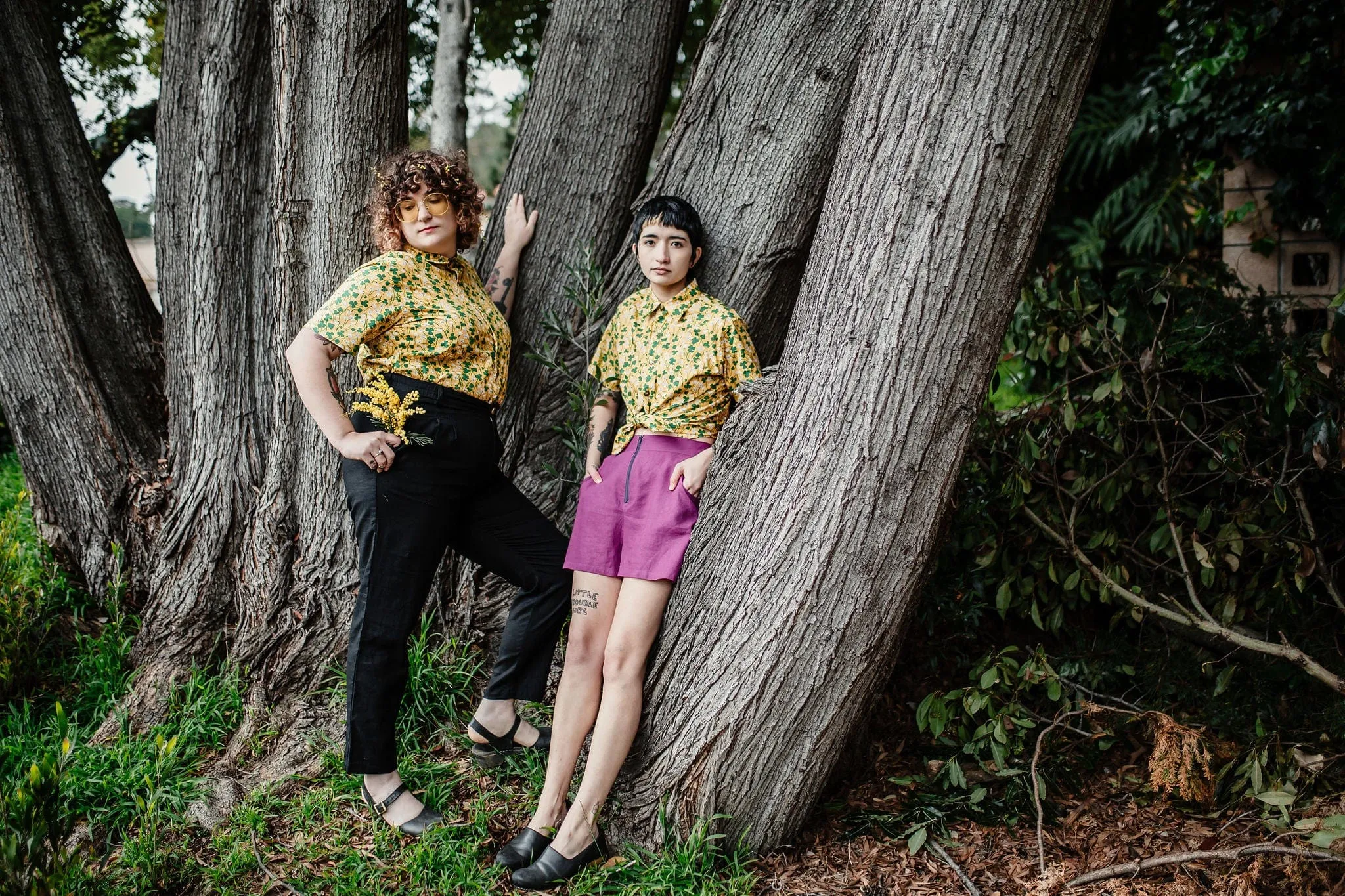 Unisex Button Up in Lemon Wood Sorrel Wide Shoulder Cut HighCollar Design