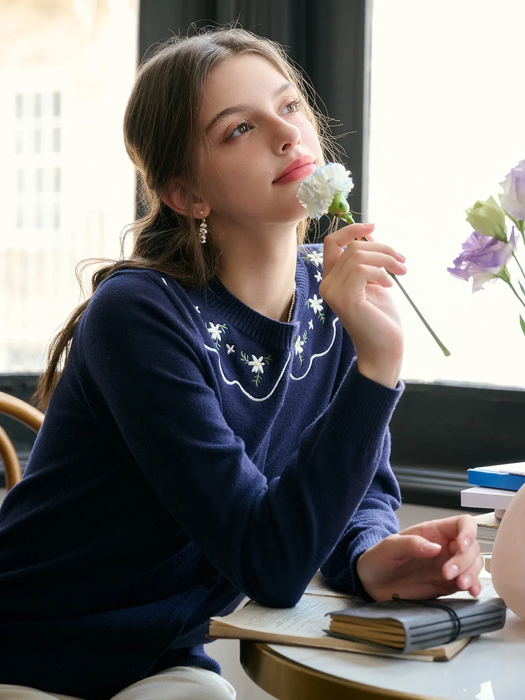 ??Final Sale??Tamsin Round Neck Embroidery Cardigan ThermalRegulationLayer