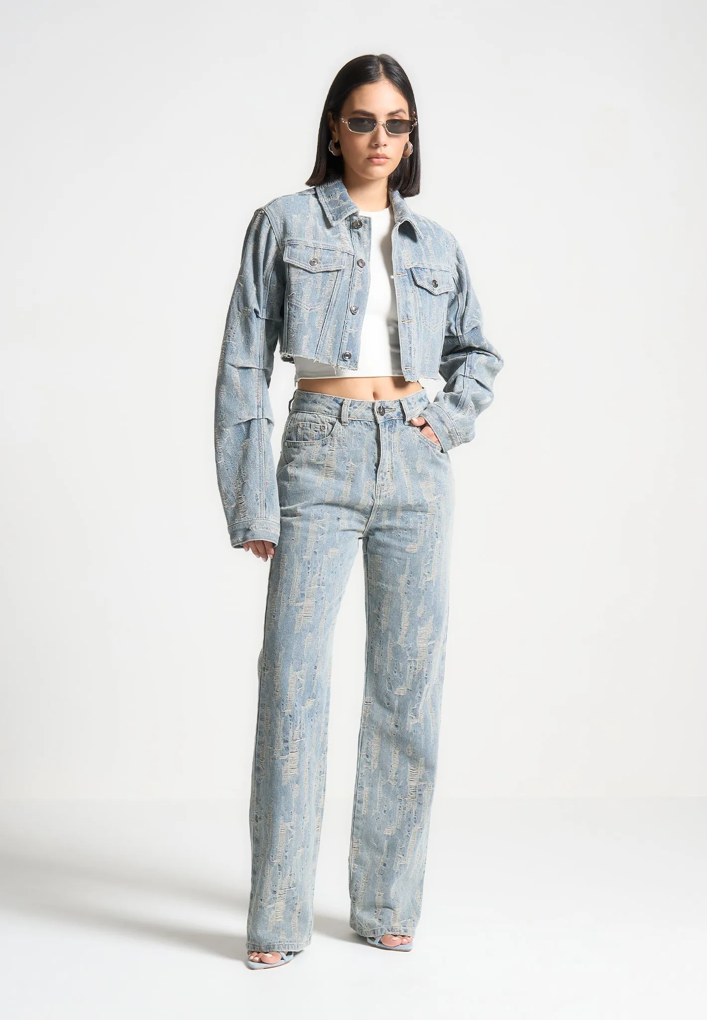 Florence - Distressed High Rise Straight Leg Jeans - Mid Blue Stretch Denim Technology Elegant Party Look Winter Warmth