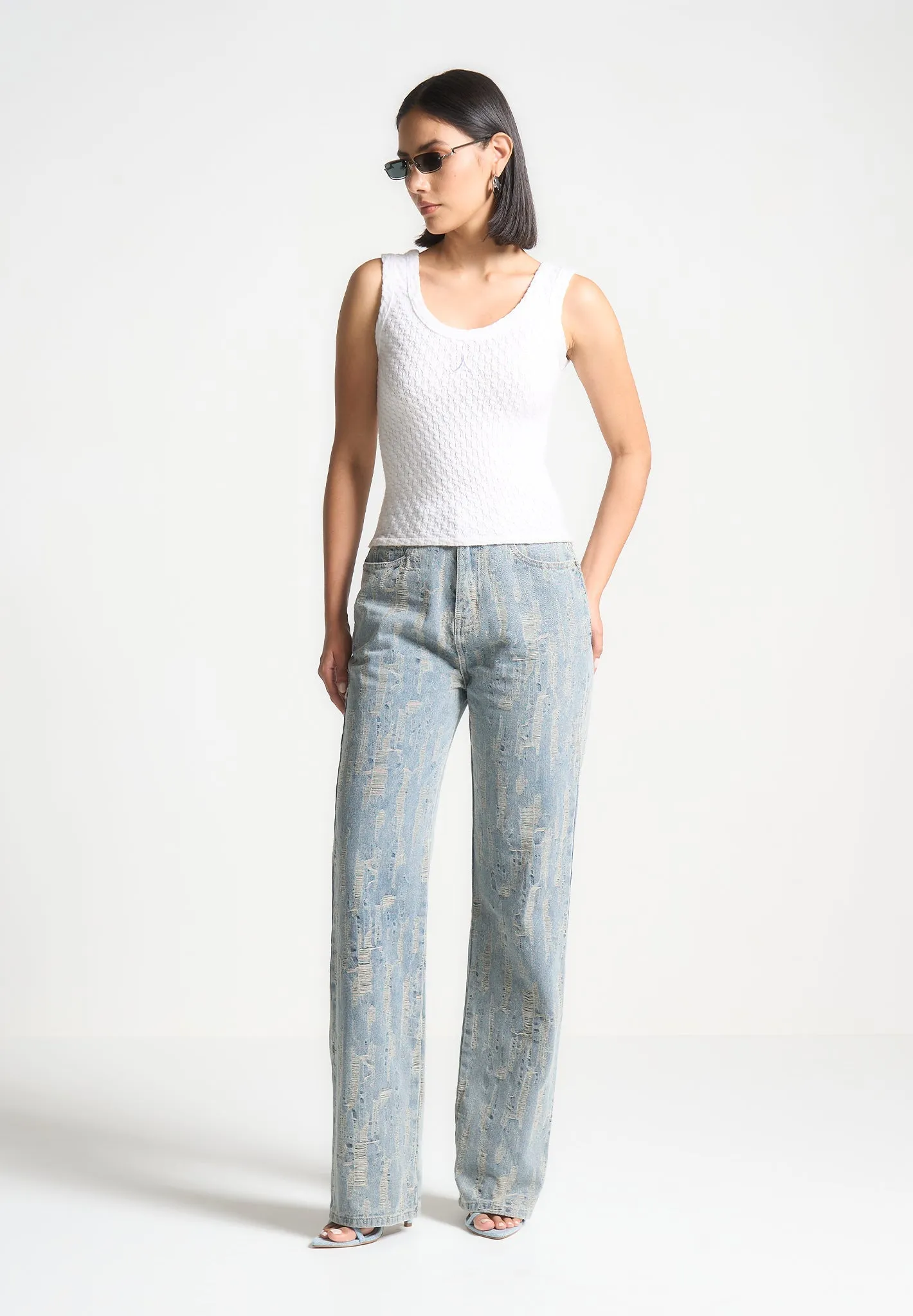 Florence - Distressed High Rise Straight Leg Jeans - Mid Blue Family Style Casual Work Meeting